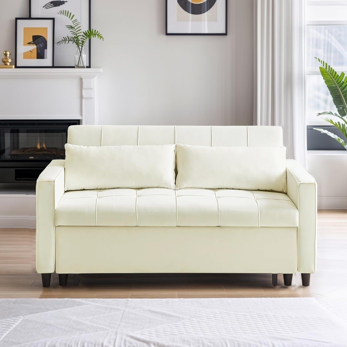 55 Inch Velvet Convertible Sofa, 3 in 1 Futon Couch with Pull-Out Bed/Adjustable Backrest Side Table/2 Lumbar Pillows