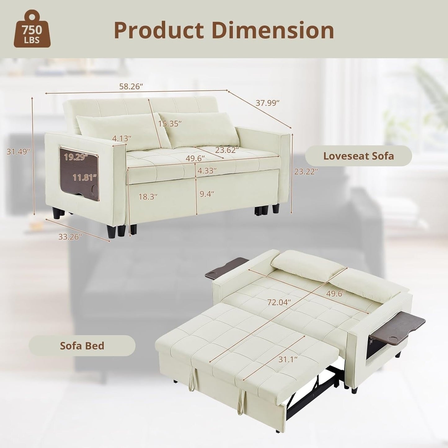 55 Inch Velvet Convertible Sofa, 3 in 1 Futon Couch with Pull-Out Bed/Adjustable Backrest Side Table/2 Lumbar Pillows