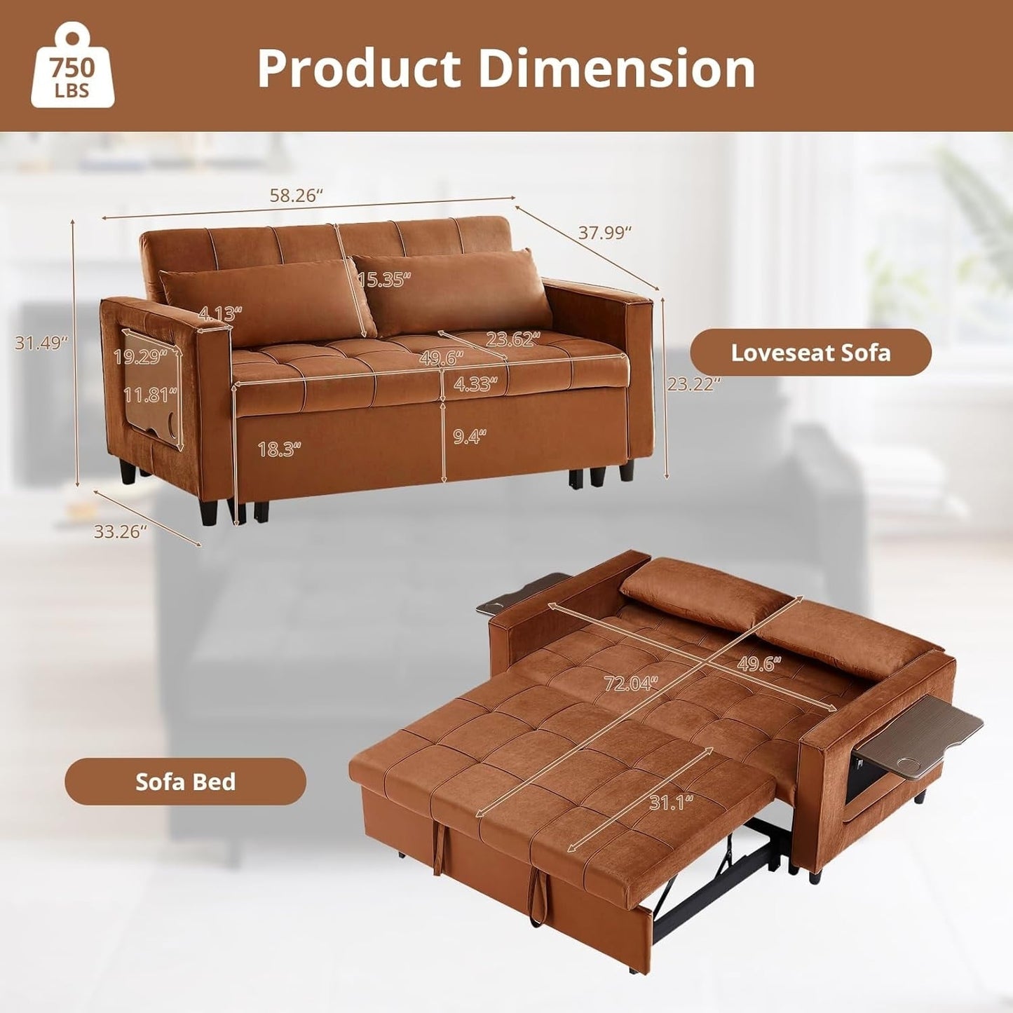 55 Inch Velvet Convertible Sofa, 3 in 1 Futon Couch with Pull-Out Bed/Adjustable Backrest Side Table/2 Lumbar Pillows