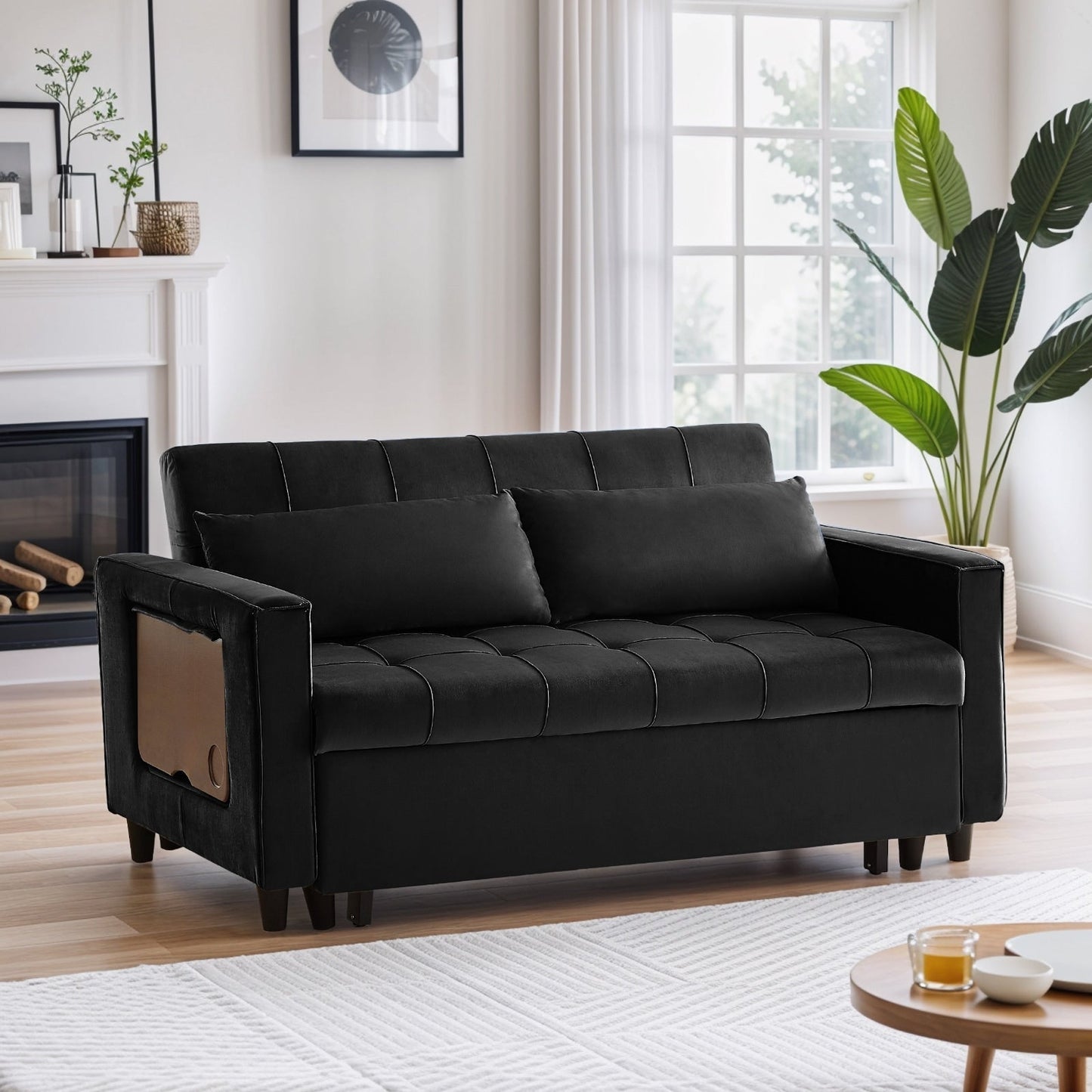 55 Inch Velvet Convertible Sofa, 3 in 1 Futon Couch with Pull-Out Bed/Adjustable Backrest Side Table/2 Lumbar Pillows