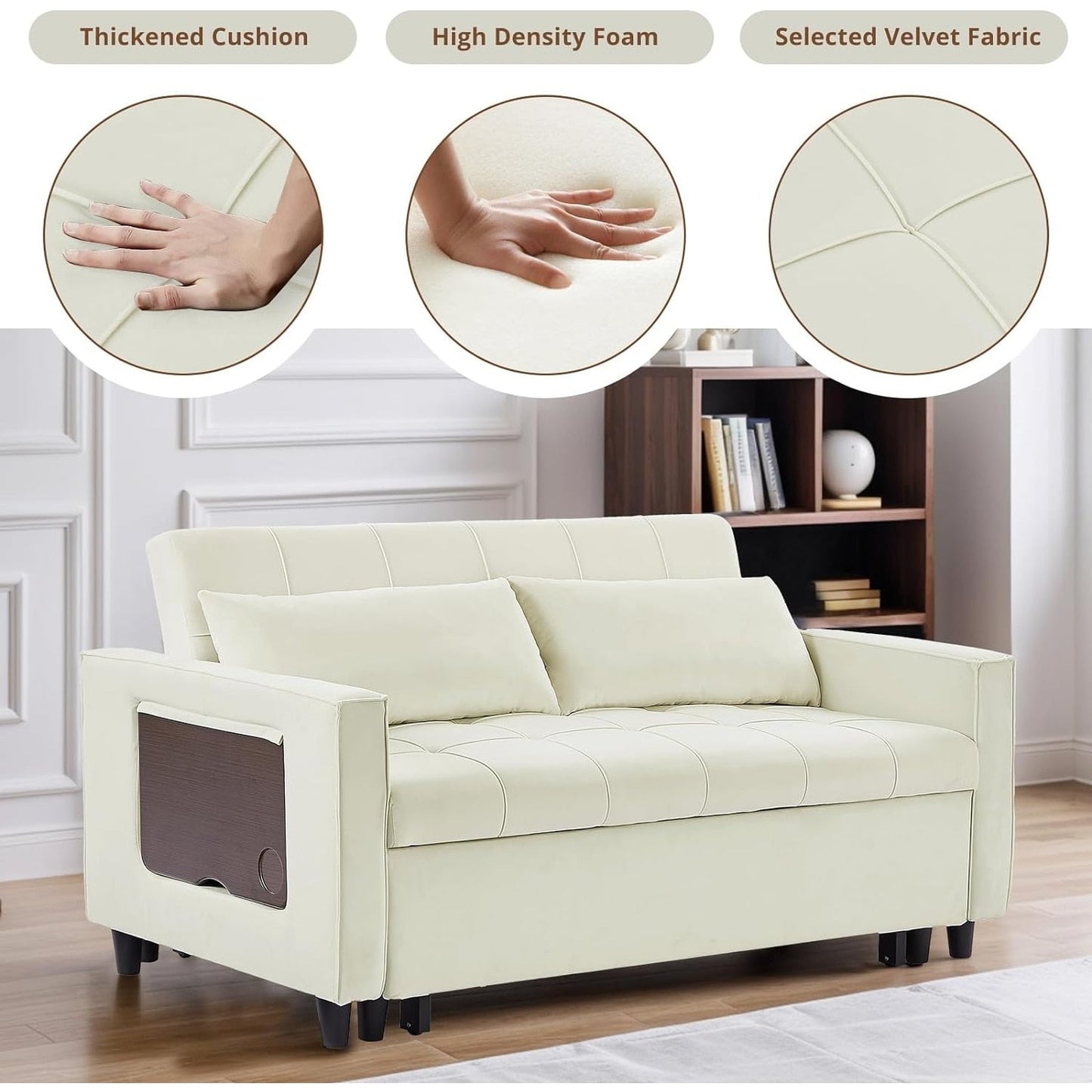 55 Inch Velvet Convertible Sofa, 3 in 1 Futon Couch with Pull-Out Bed/Adjustable Backrest Side Table/2 Lumbar Pillows