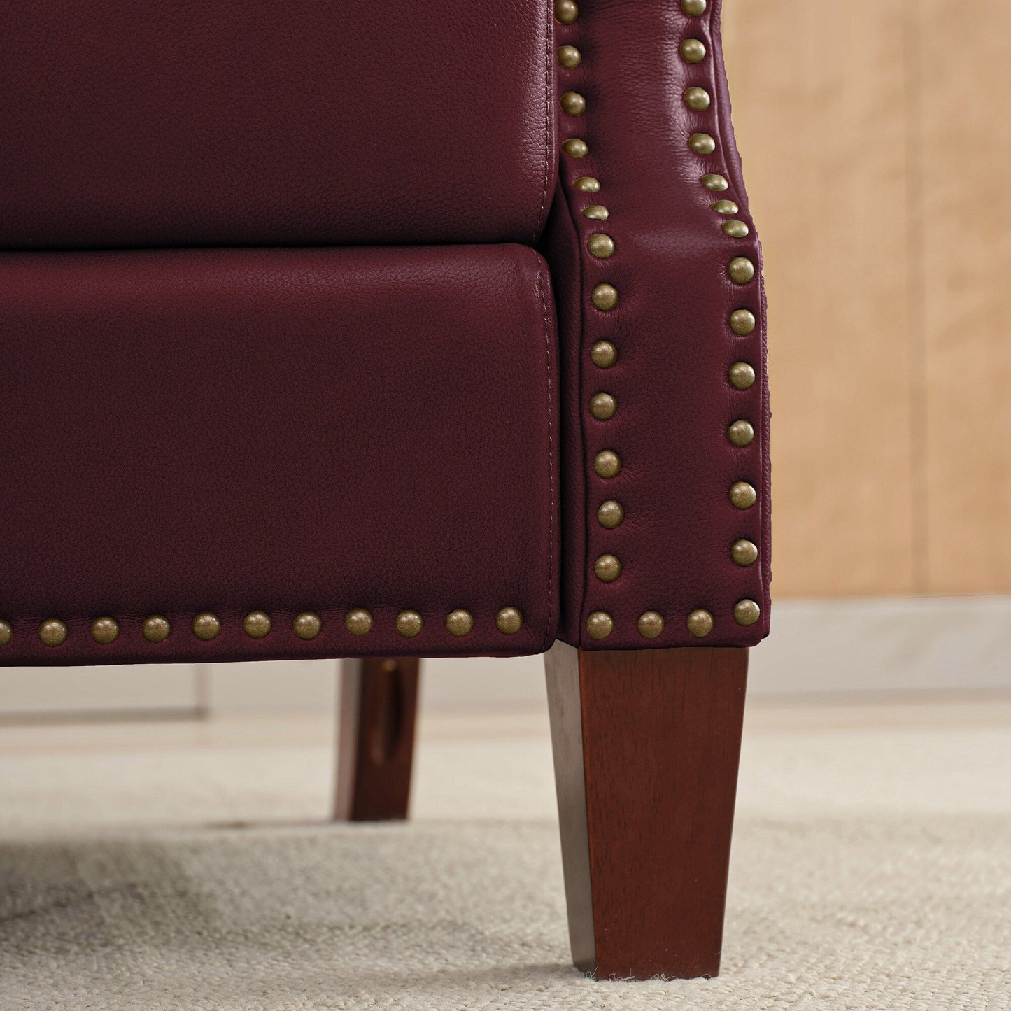 Genuine Leather Pushback Recliner with Multi-Angle Seat Back and Solid Wood Legs