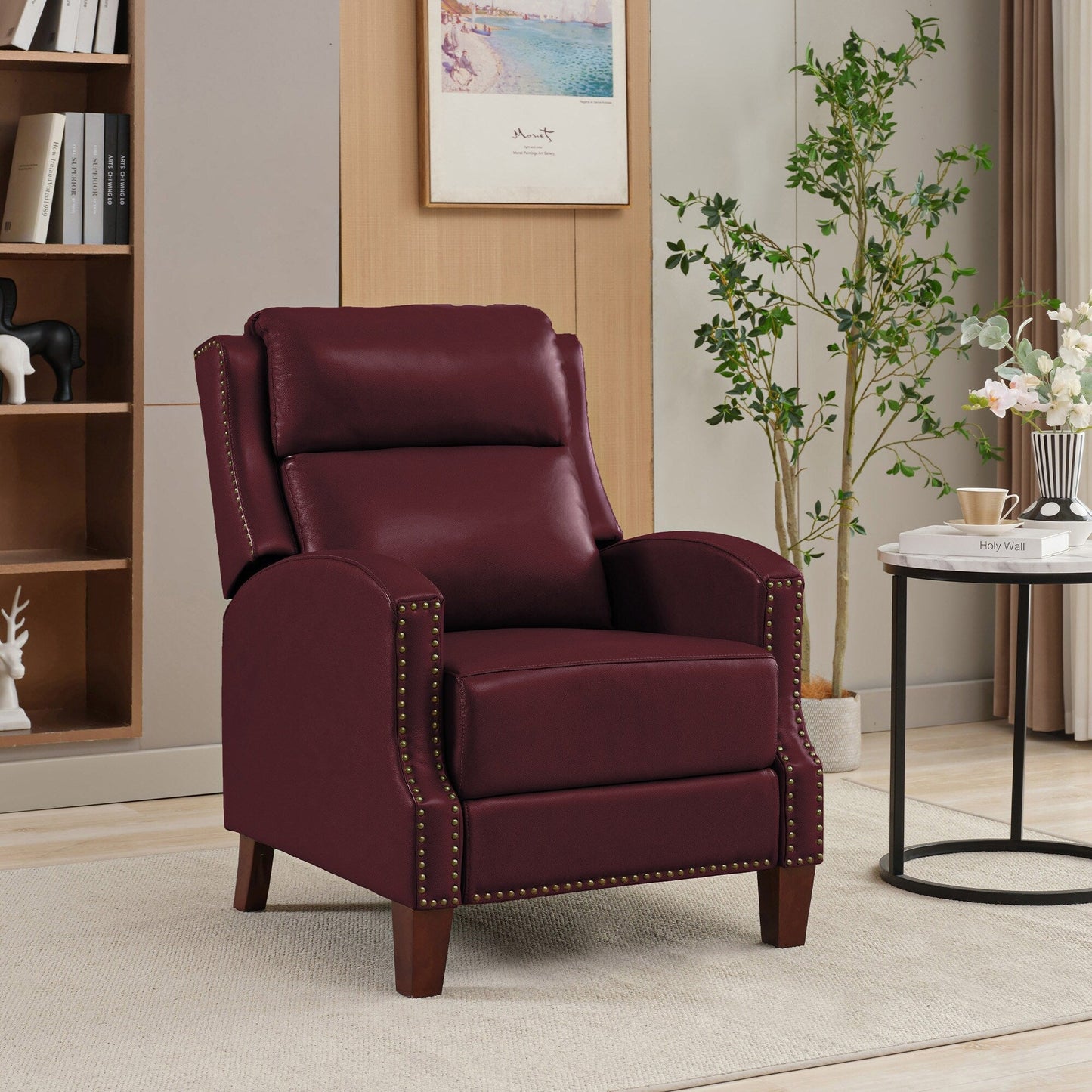 Genuine Leather Pushback Recliner with Multi-Angle Seat Back and Solid Wood Legs