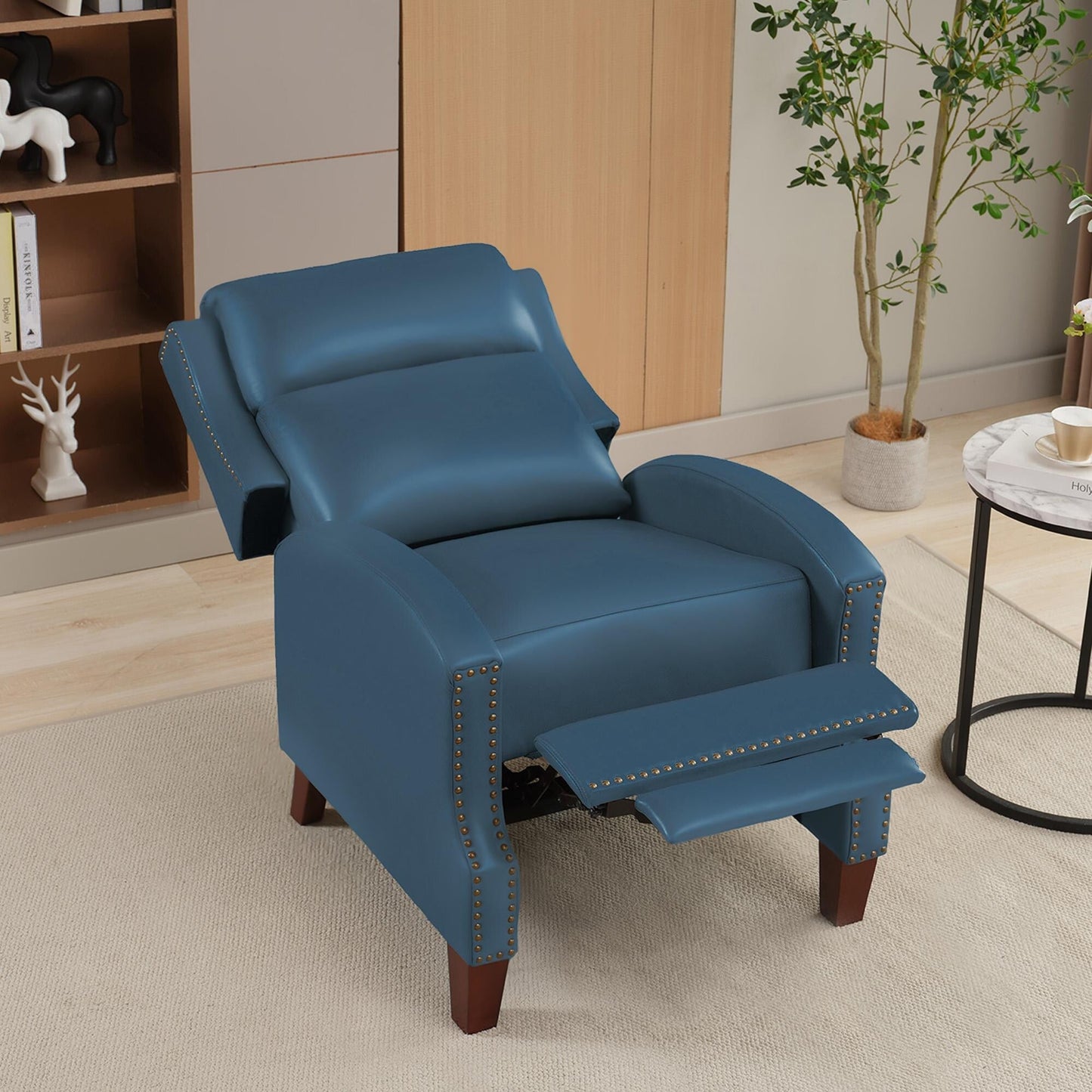 Genuine Leather Pushback Recliner with Multi-Angle Seat Back and Solid Wood Legs