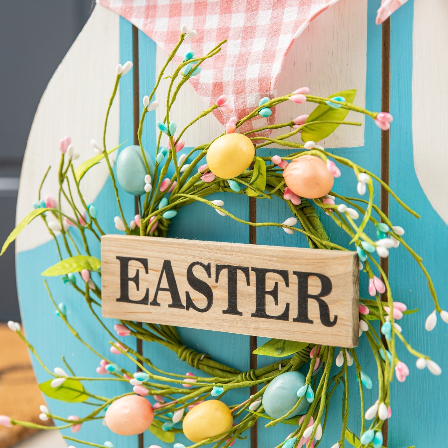 Glitzhome 30H Easter Wooden Bunny Family Standing Porch Sign Decor with Wreath