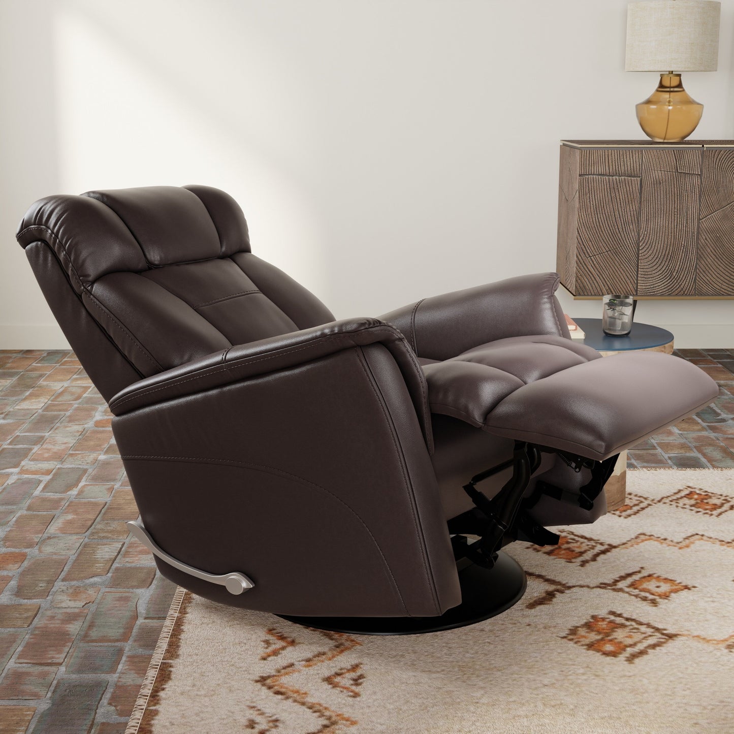 Global Home Swivel Glider Recliner with Manual Adjustable Headrest Footrest In Faux Leather Bentley