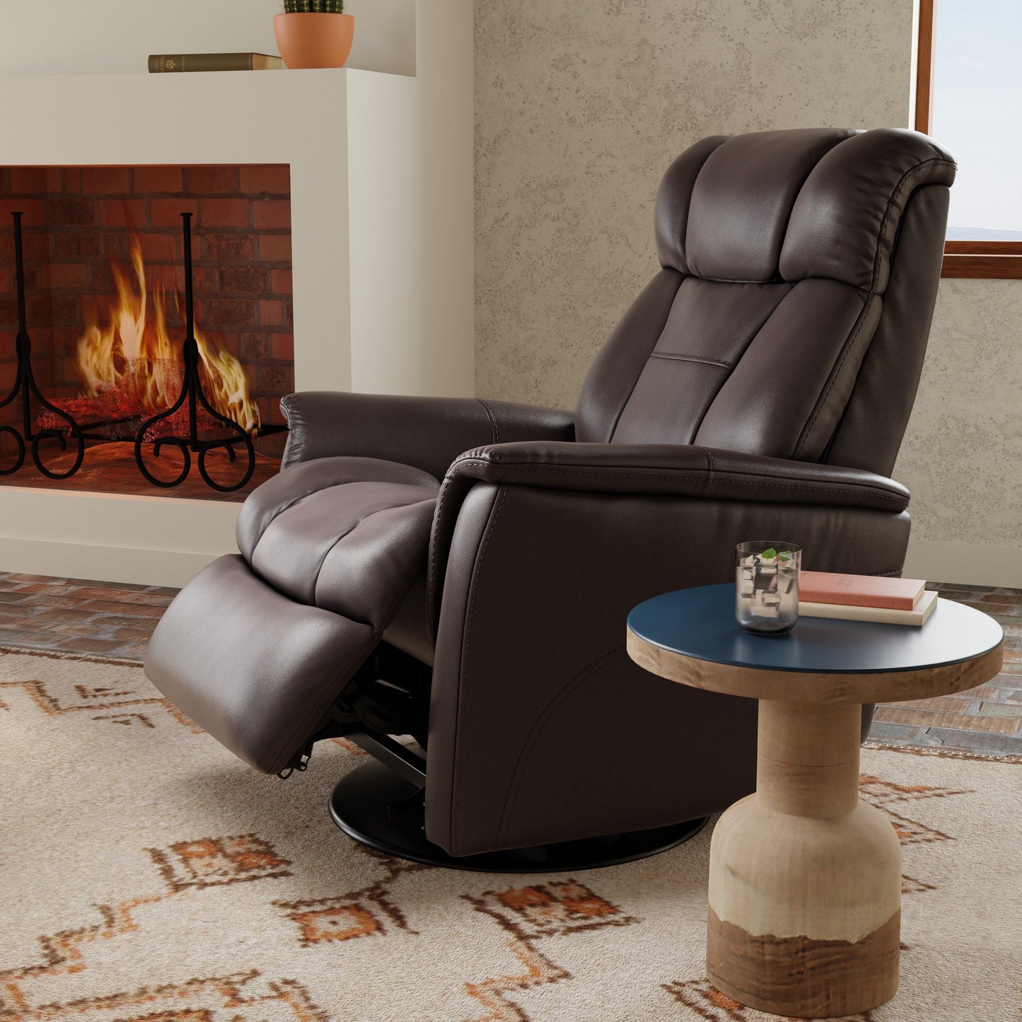 Global Home Swivel Glider Recliner with Manual Adjustable Headrest Footrest In Faux Leather Bentley