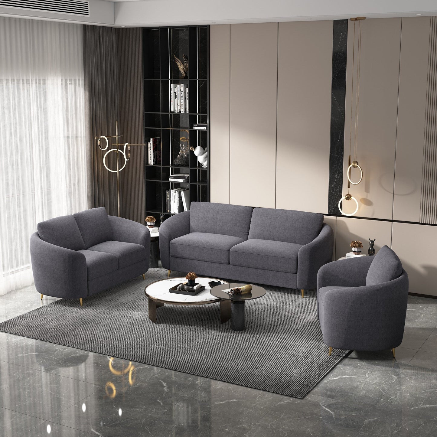 Gray Linen Loveseat Sofa with Gold Metal Legs and Plush Seat Cushions