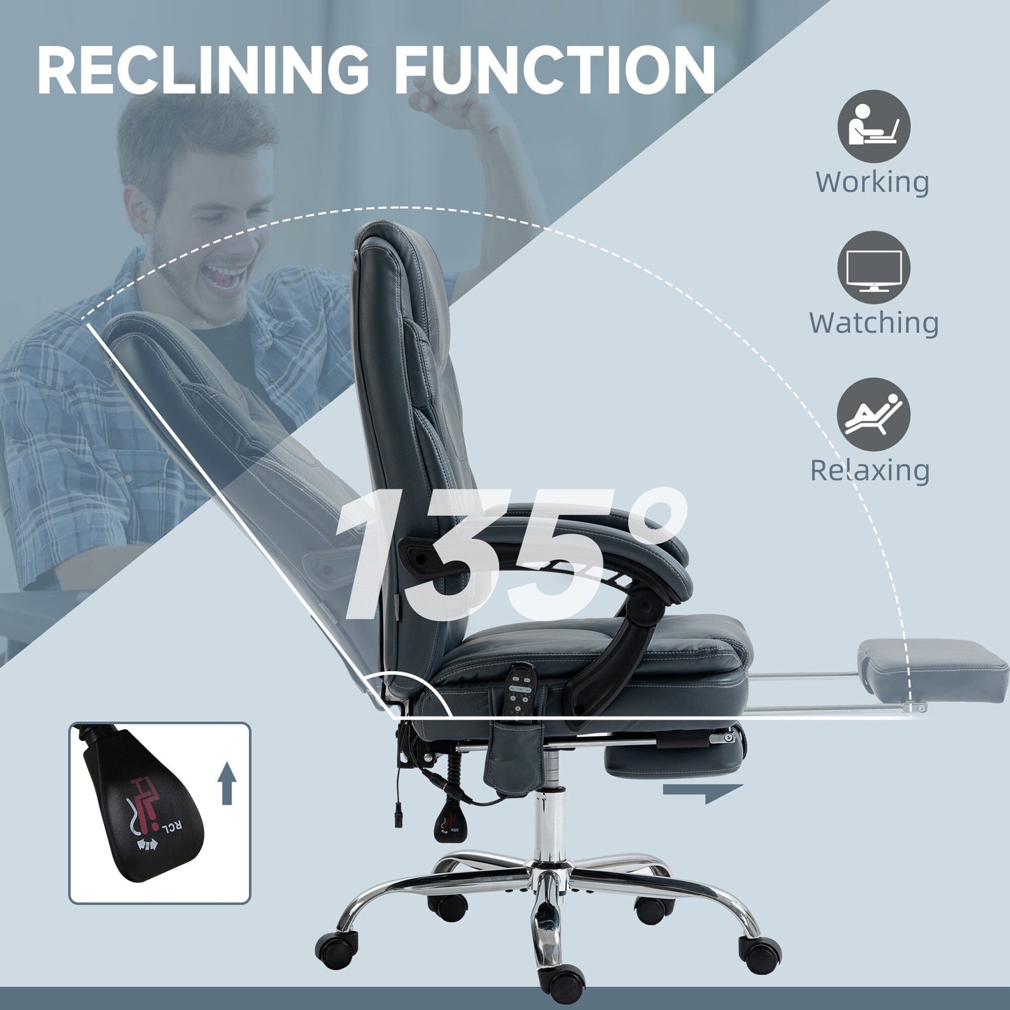 Gray PU Leather 360° Swivel Office Recliner with Vibration Massage, Lumbar Heating, Footrest, Adjustable Height