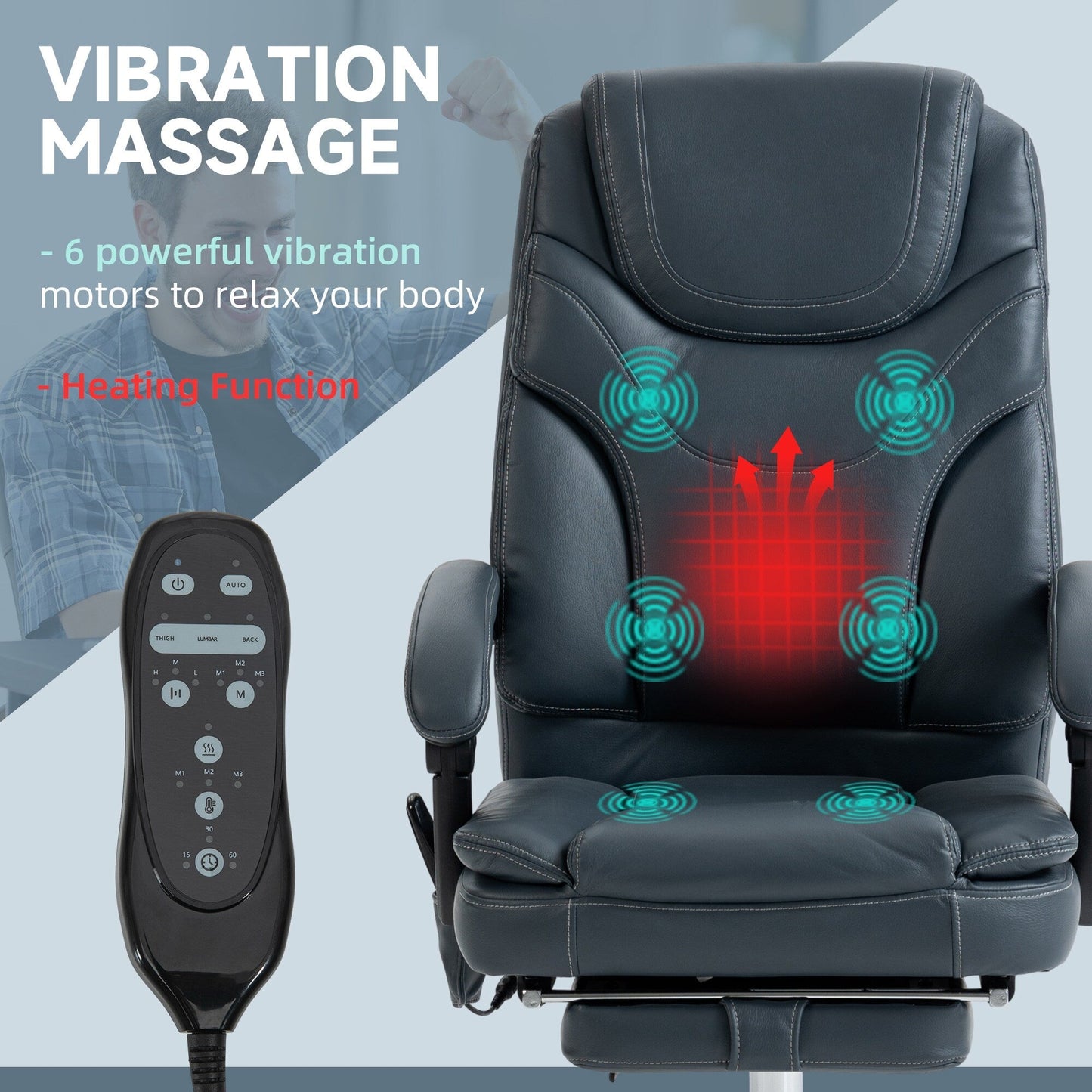 Gray PU Leather 360° Swivel Office Recliner with Vibration Massage, Lumbar Heating, Footrest, Adjustable Height