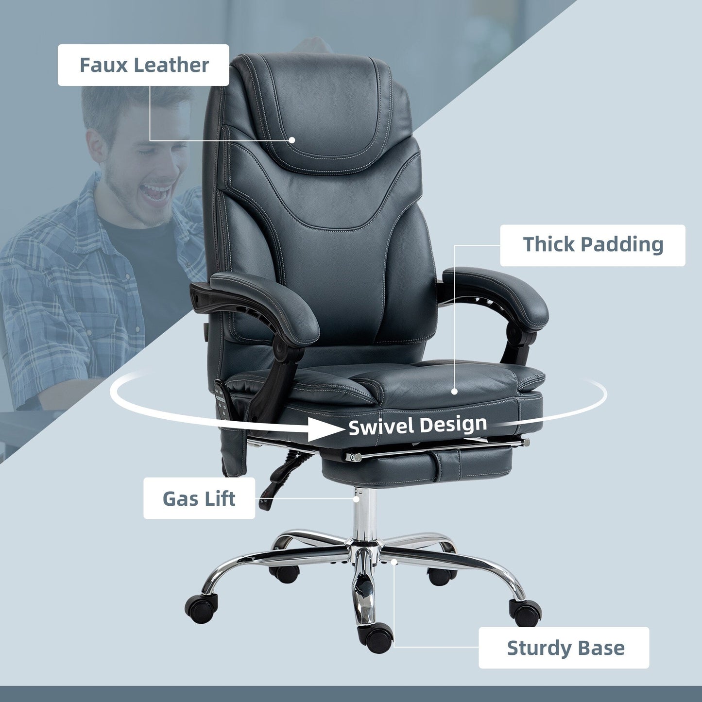 Gray PU Leather 360° Swivel Office Recliner with Vibration Massage, Lumbar Heating, Footrest, Adjustable Height