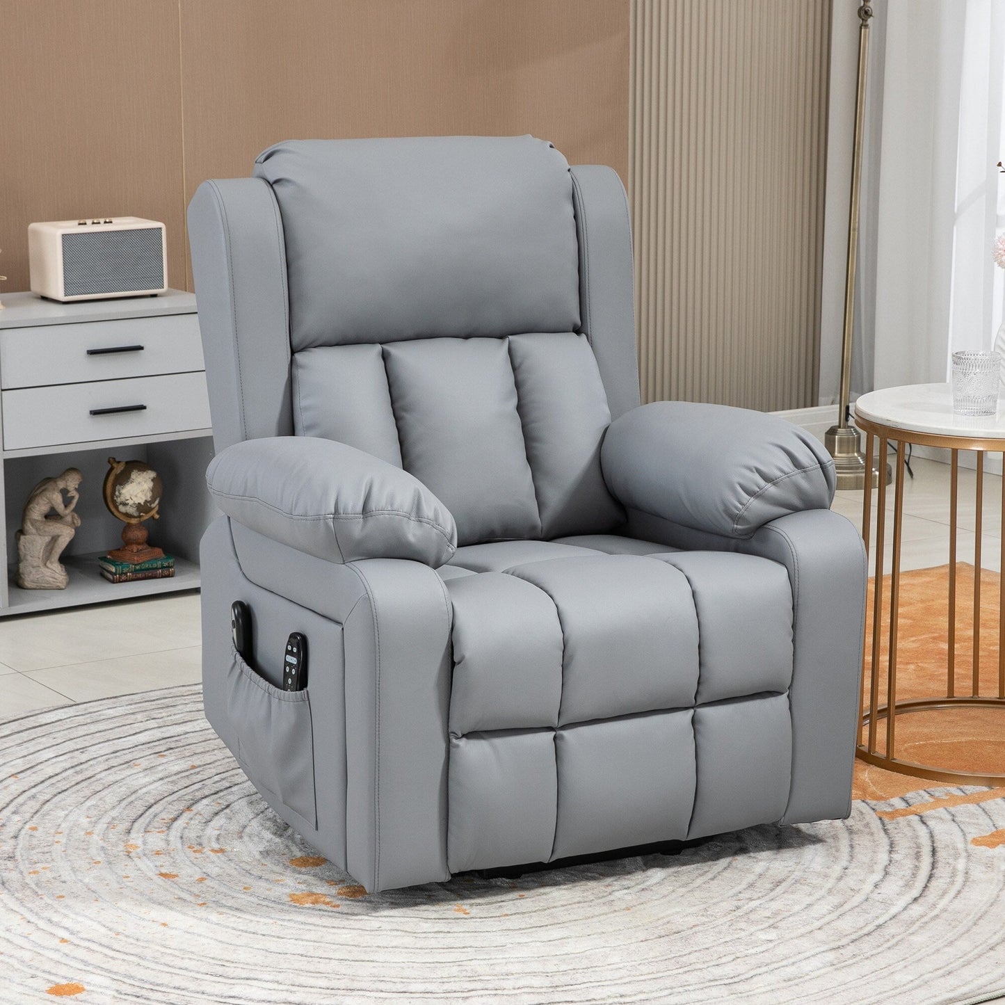 Gray PU Leather Power Lift Recliner with Vibration Massage, Heated, Remote Control, Side Pockets, Elderly
