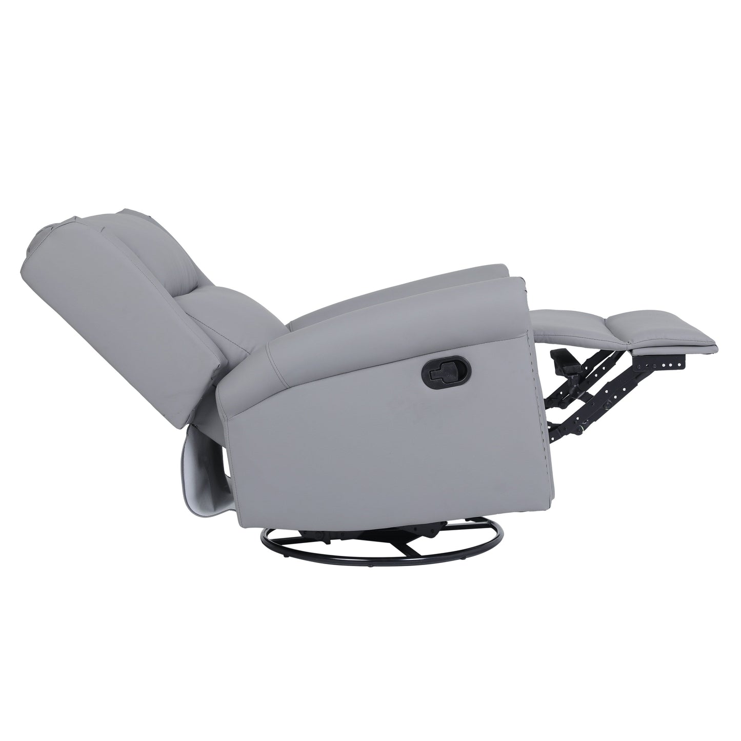 Gray PU Leather Upholstered 360° Swivel Manual Recliner with Adjustable Backrest and Footrest, Nailhead decoration