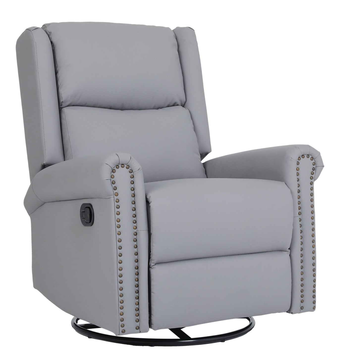 Gray PU Leather Upholstered 360° Swivel Manual Recliner with Adjustable Backrest and Footrest, Nailhead decoration