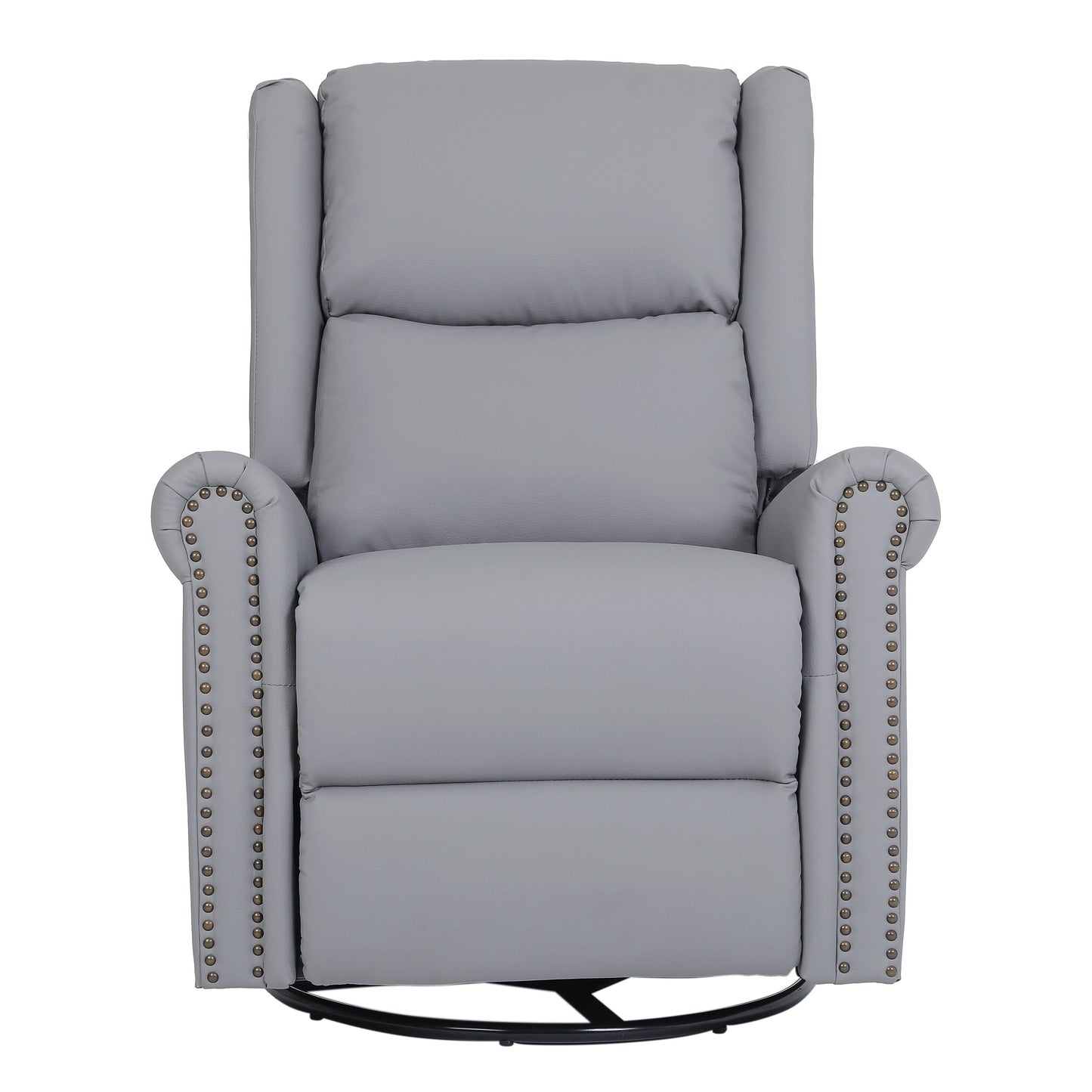 Gray PU Leather Upholstered 360° Swivel Manual Recliner with Adjustable Backrest and Footrest, Nailhead decoration