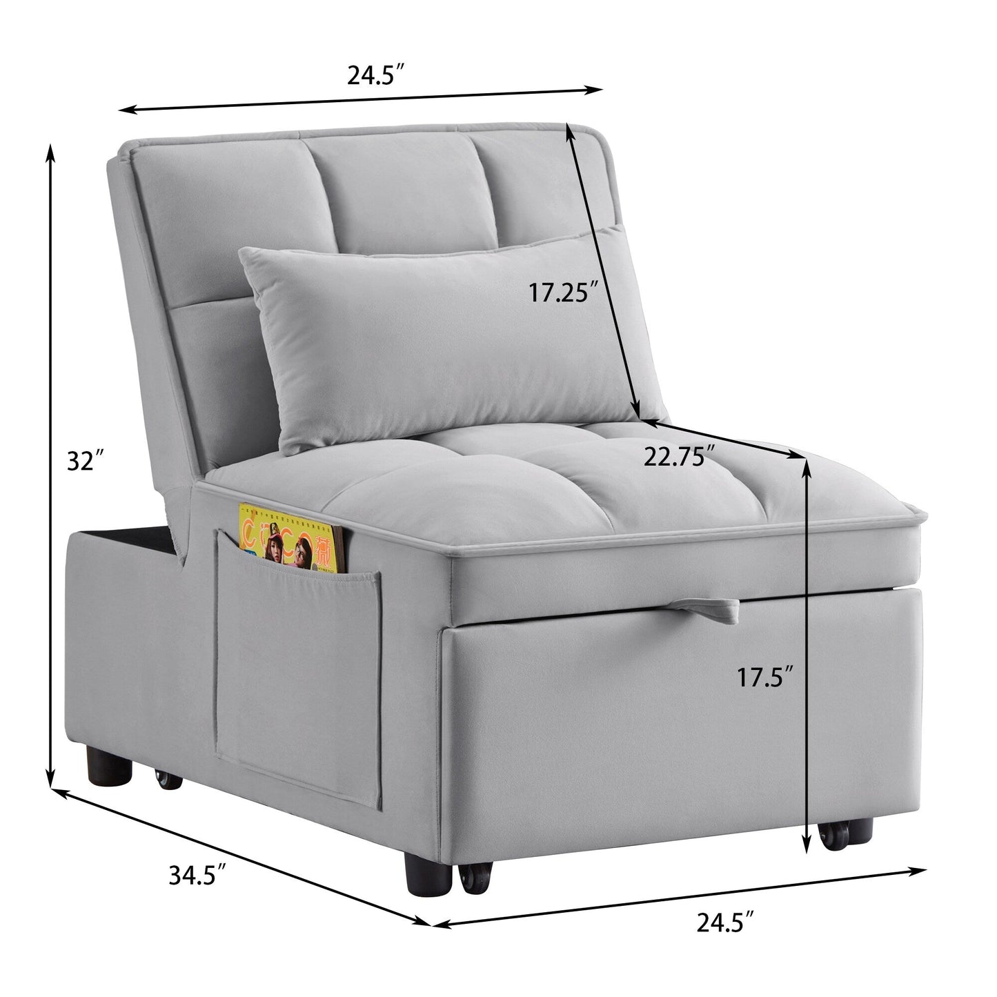 Gray Velvet Folding Sofa Bed with Adjustable Backrest