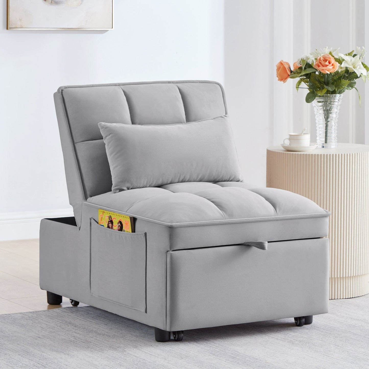 Gray Velvet Folding Sofa Bed with Adjustable Backrest