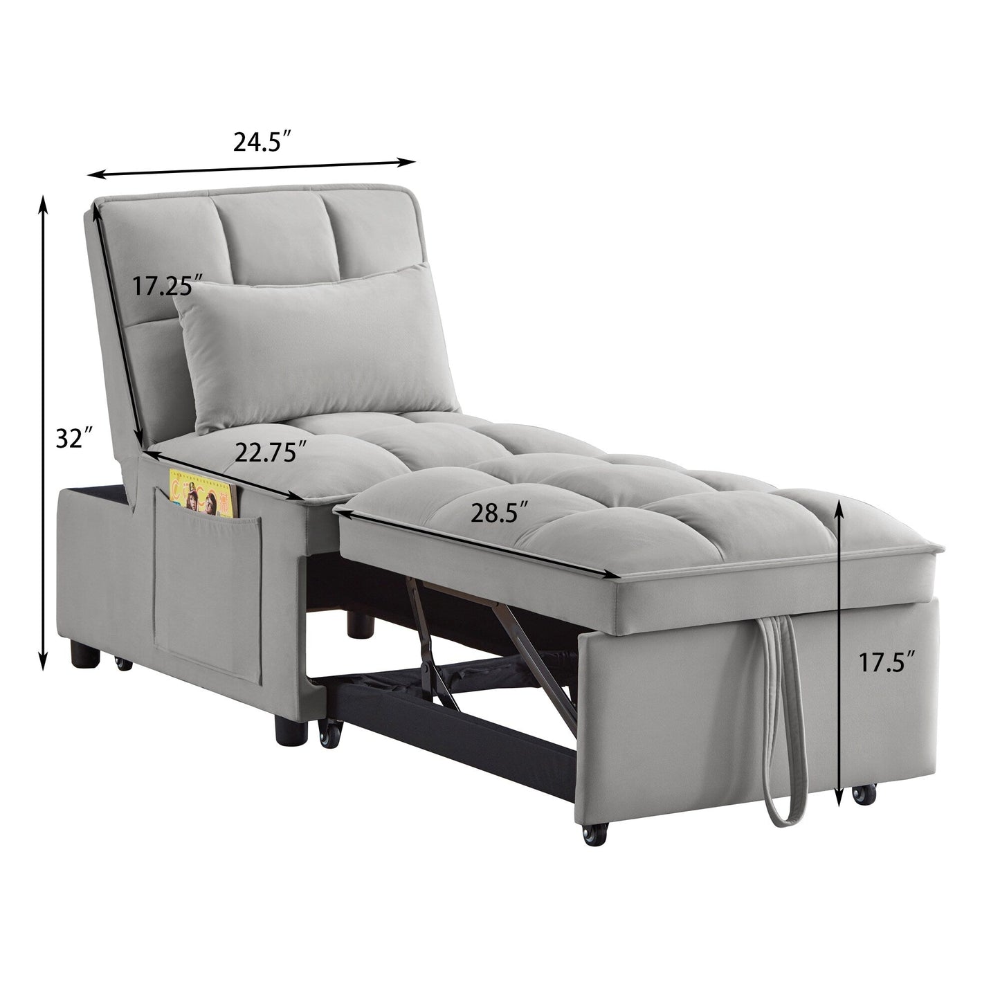 Gray Velvet Folding Sofa Bed with Adjustable Backrest