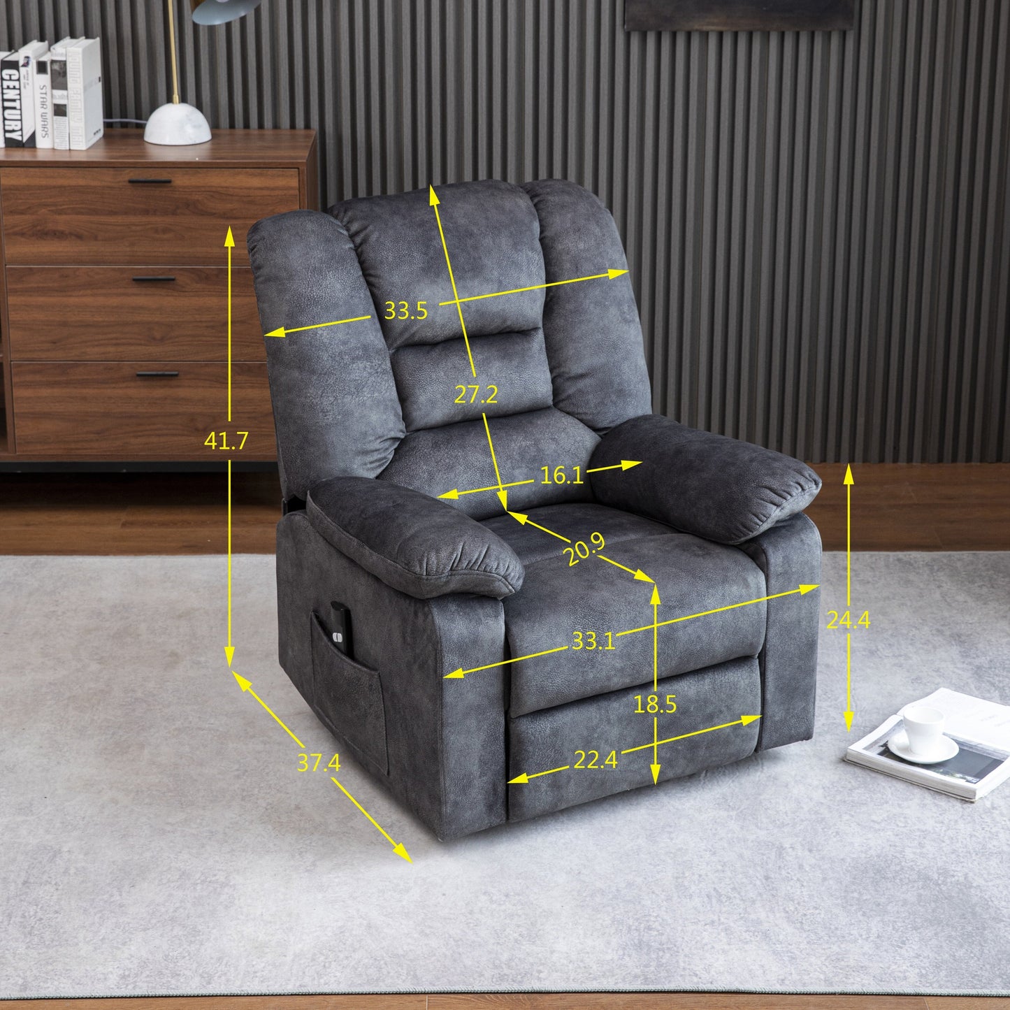 Gray Velvet Upholstered Power Lift Recliner for Elderly with Massage, Lumbar Heating, Side Storage Pockets