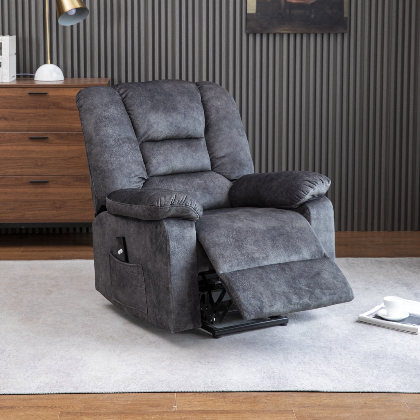 Gray Velvet Upholstered Power Lift Recliner for Elderly with Massage, Lumbar Heating, Side Storage Pockets