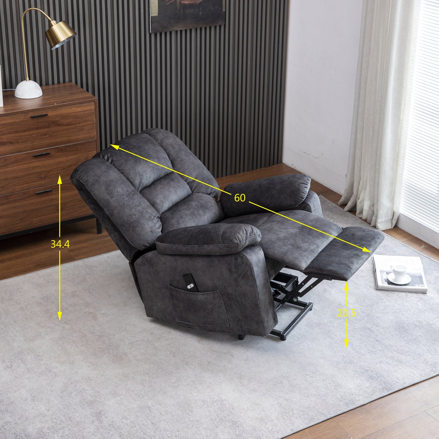 Gray Velvet Upholstered Power Lift Recliner for Elderly with Massage, Lumbar Heating, Side Storage Pockets