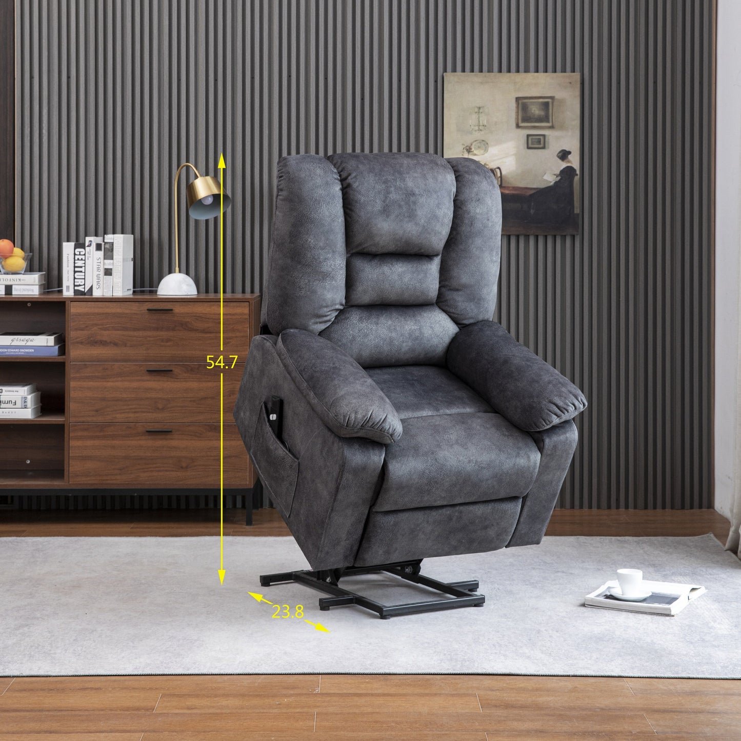 Gray Velvet Upholstered Power Lift Recliner for Elderly with Massage, Lumbar Heating, Side Storage Pockets