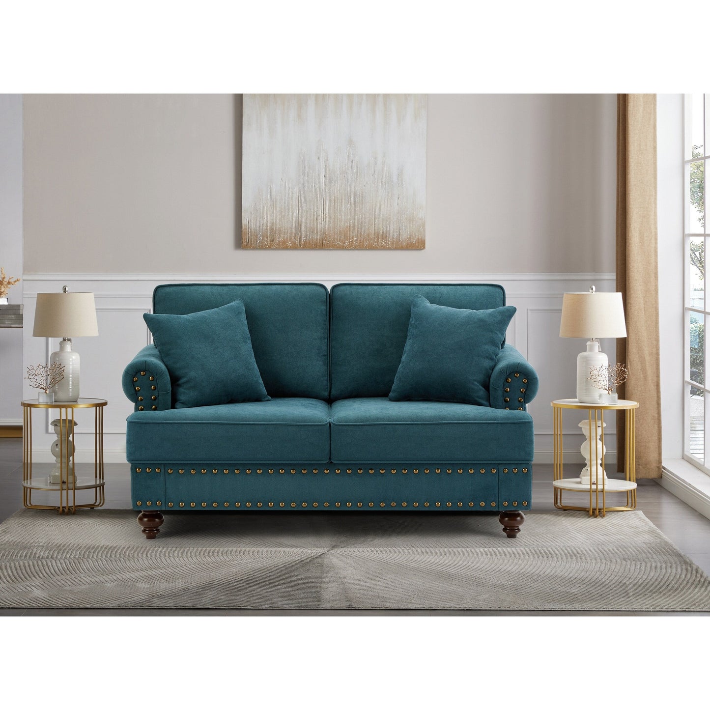 Green 60 Modern Chenille 2-Seater Sofa Couch, with Brown Legs, 2 Pillows, and Removable Back Cushions