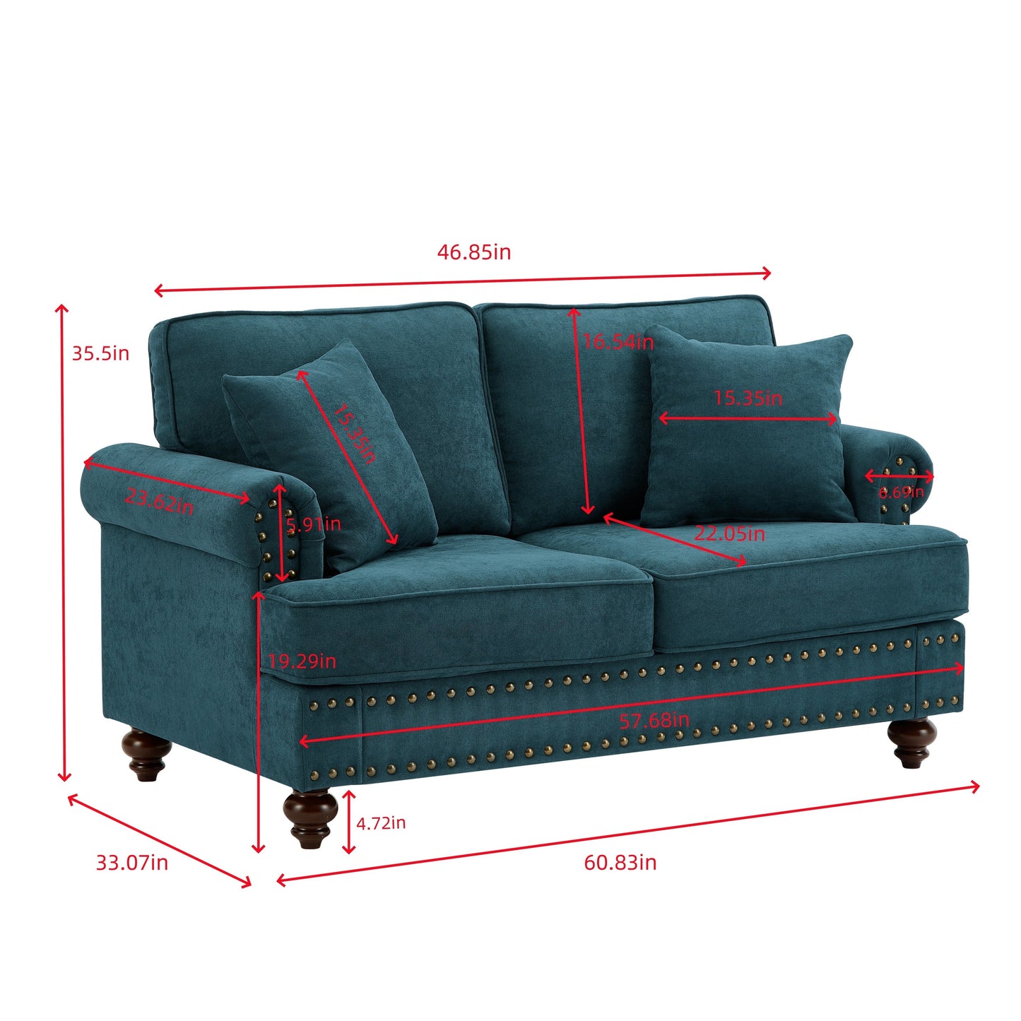 Green 60 Modern Chenille 2-Seater Sofa Couch, with Brown Legs, 2 Pillows, and Removable Back Cushions