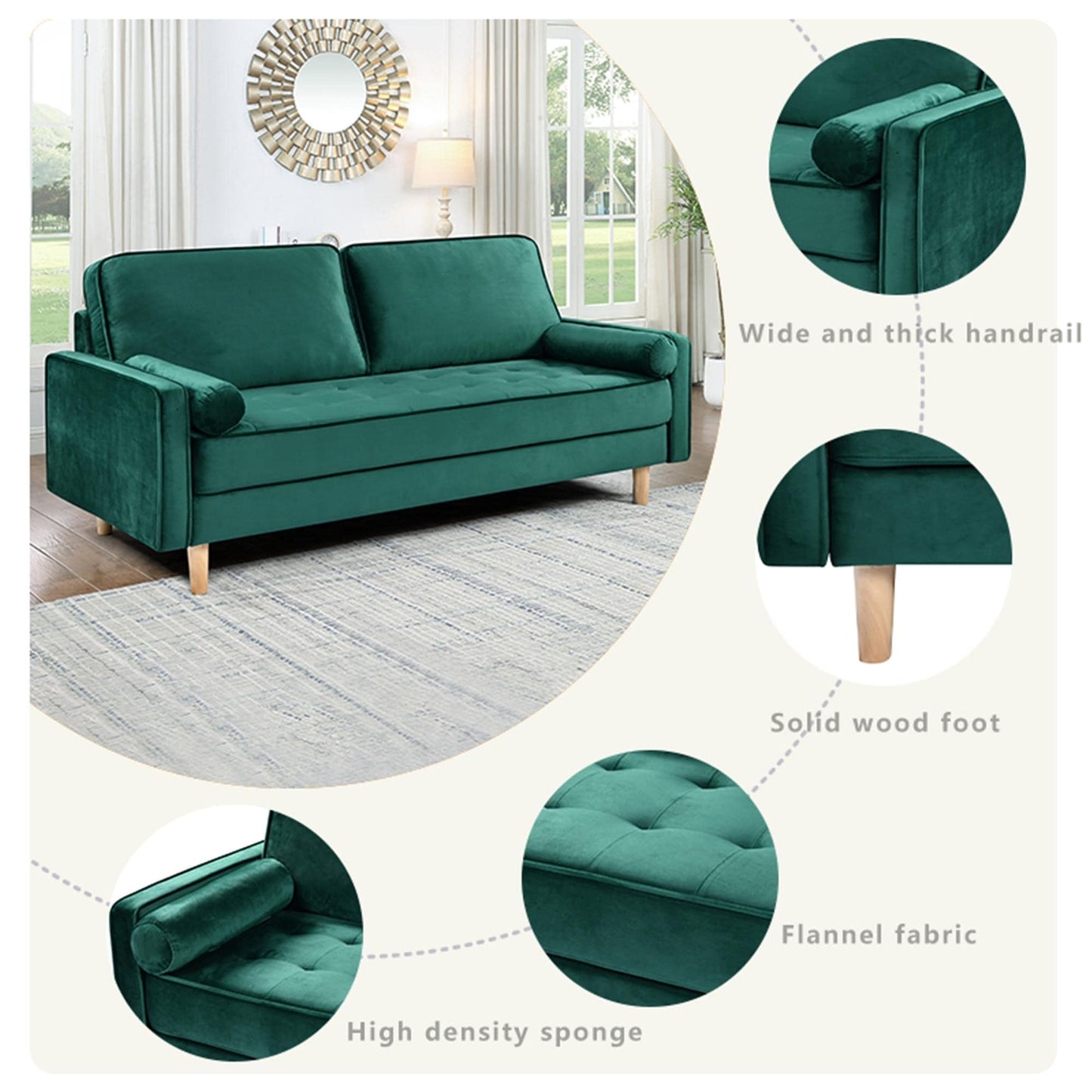 Green 70 3-seater Sofa with High-Quality Elastic amd Doll Cotton Filling Cushion for Living Room