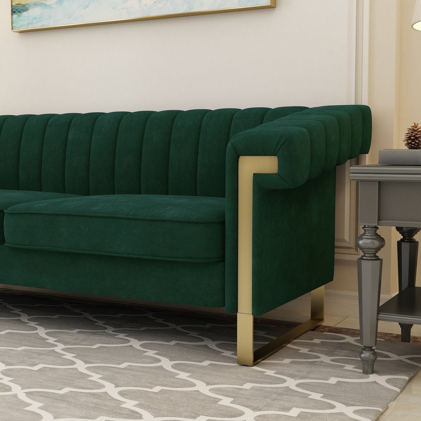 Green 83.85'' Velvet 3-Seater Couch with Decorative Armrests and Gold Accents
