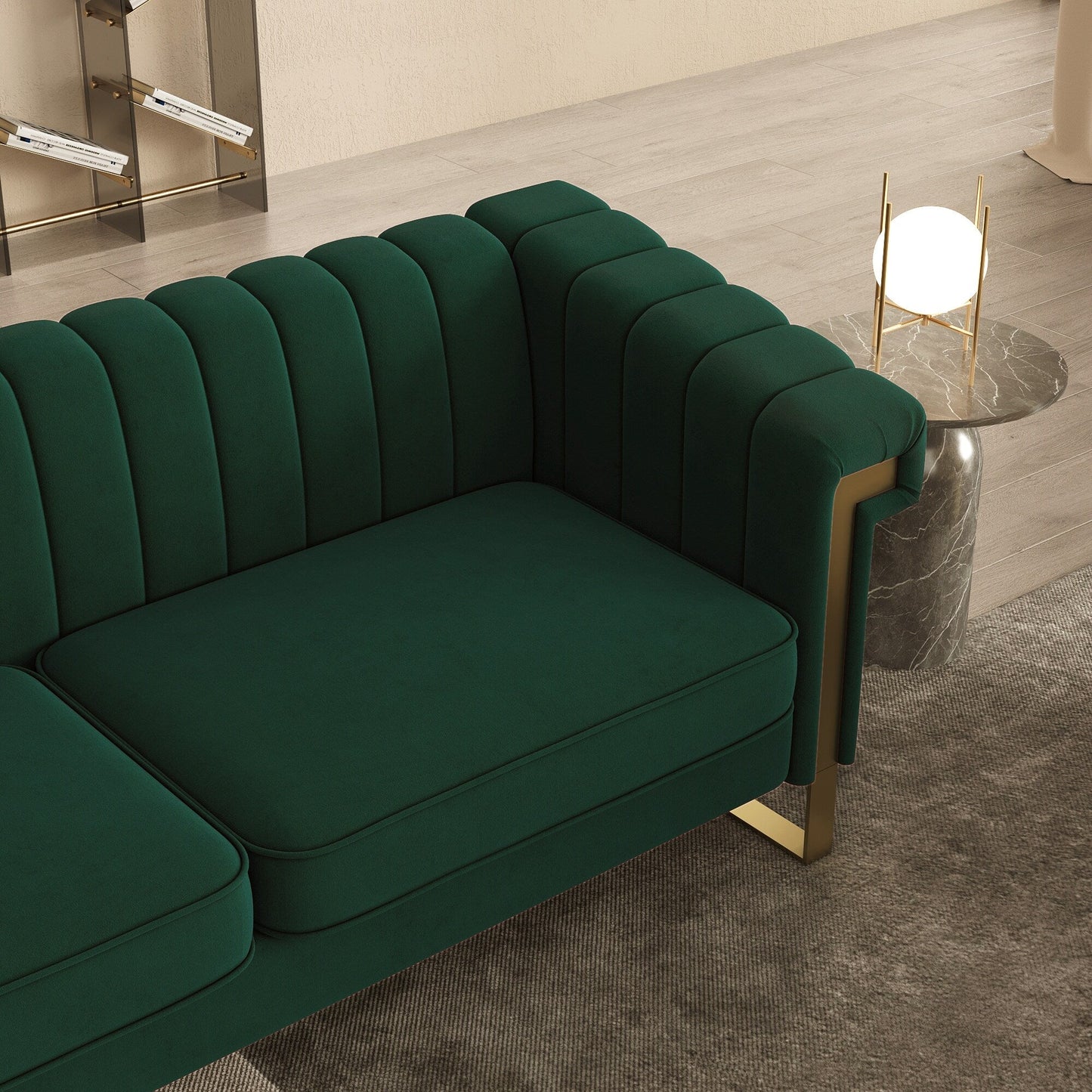Green 83.85'' Velvet 3-Seater Couch with Decorative Armrests and Gold Accents