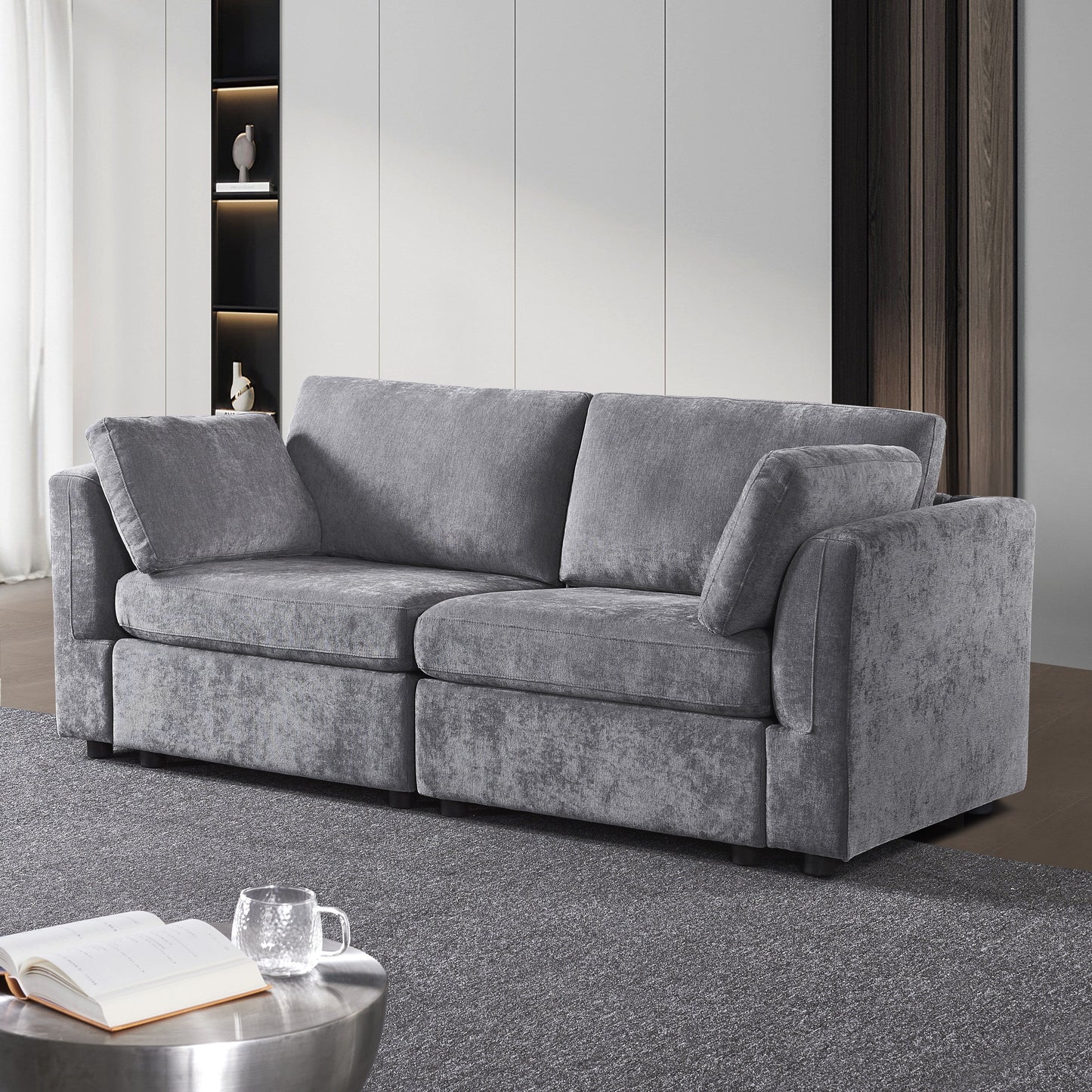 Grey 80.31 Chenille Loveseat Modular Sofa with Solid Wood Frame for Living Room