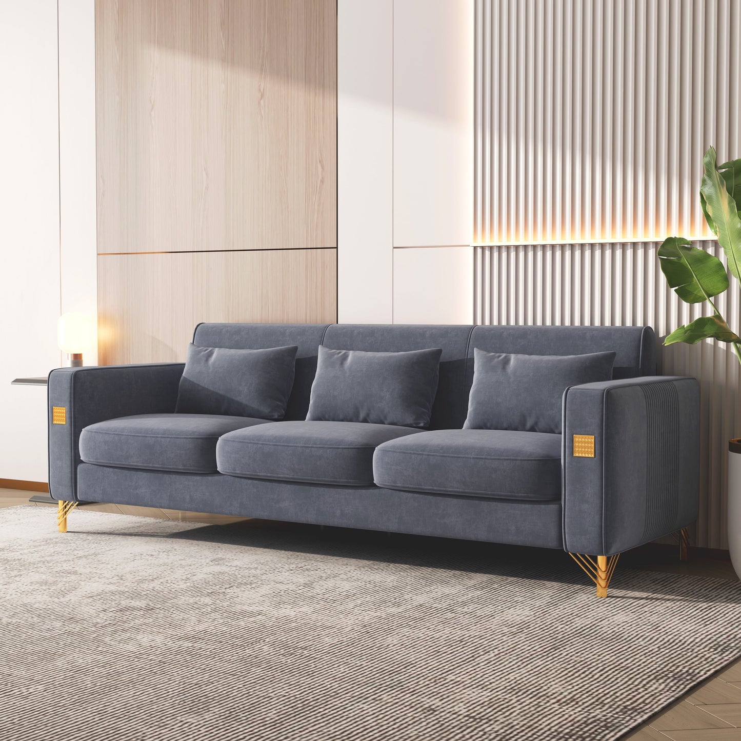 Grey 86.61 Velvet 3-seater Sofa with Pillows and Gold Finish Metal Leg for Living Room