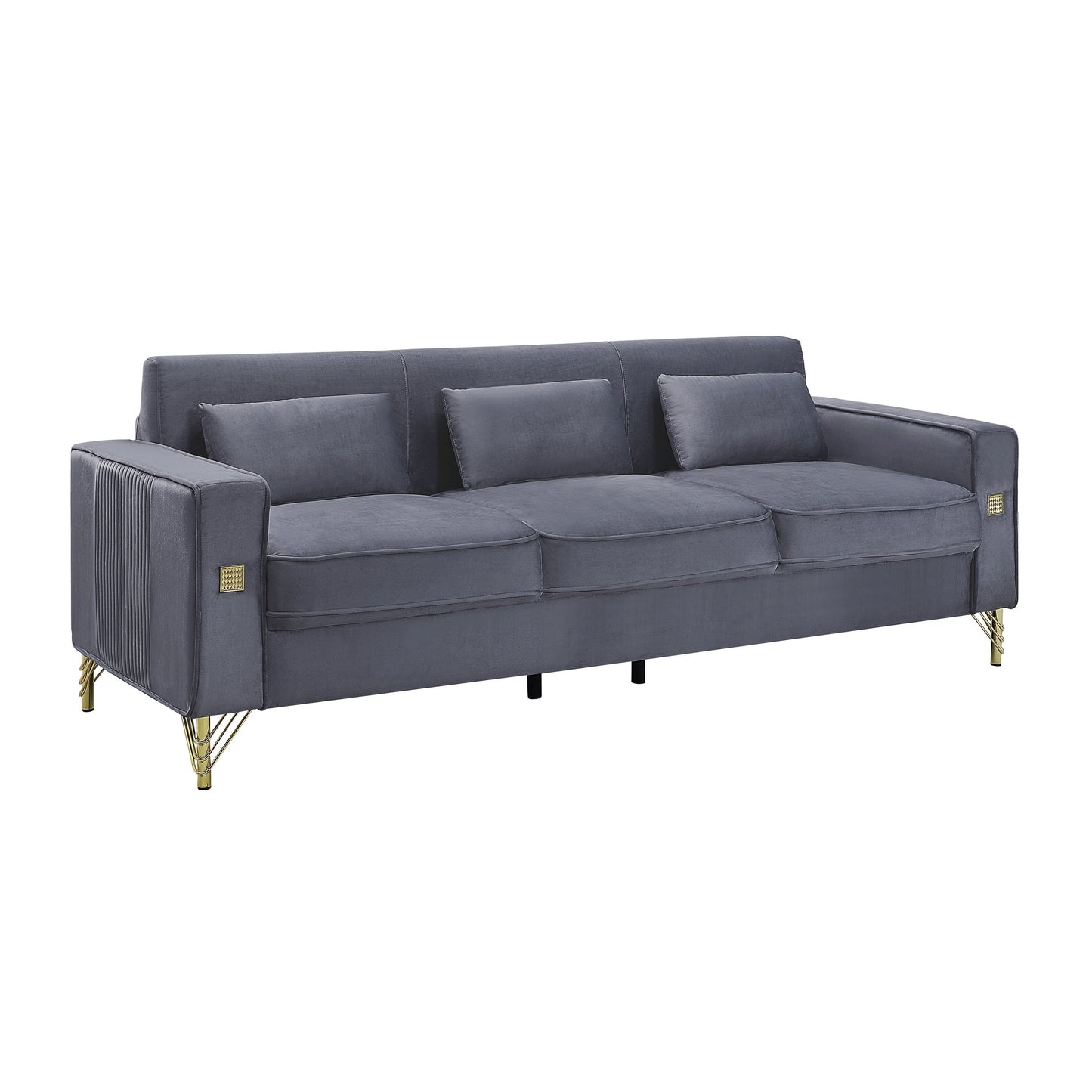 Grey 86.61 Velvet 3-seater Sofa with Pillows and Gold Finish Metal Leg for Living Room