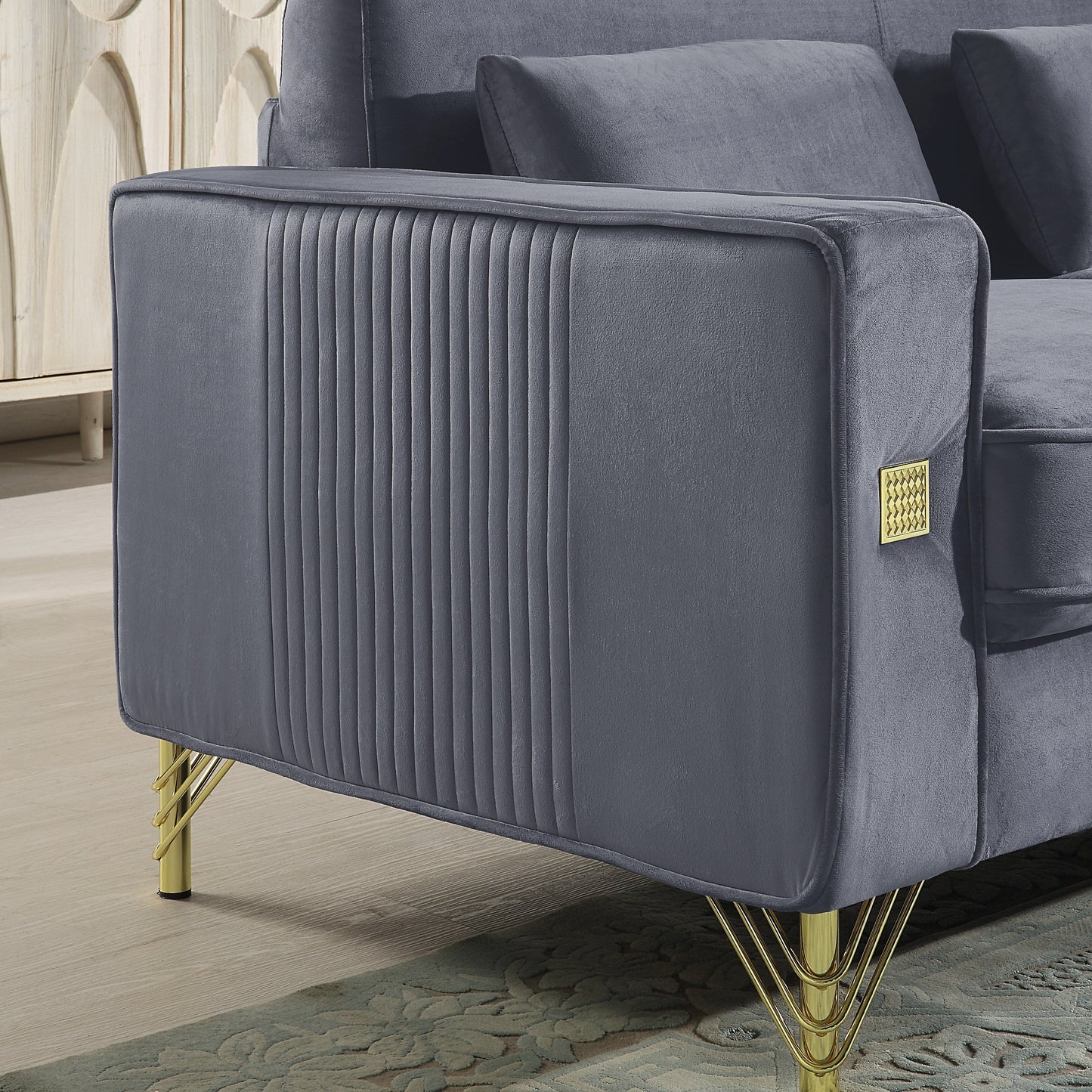 Grey 86.61 Velvet 3-seater Sofa with Pillows and Gold Finish Metal Leg for Living Room