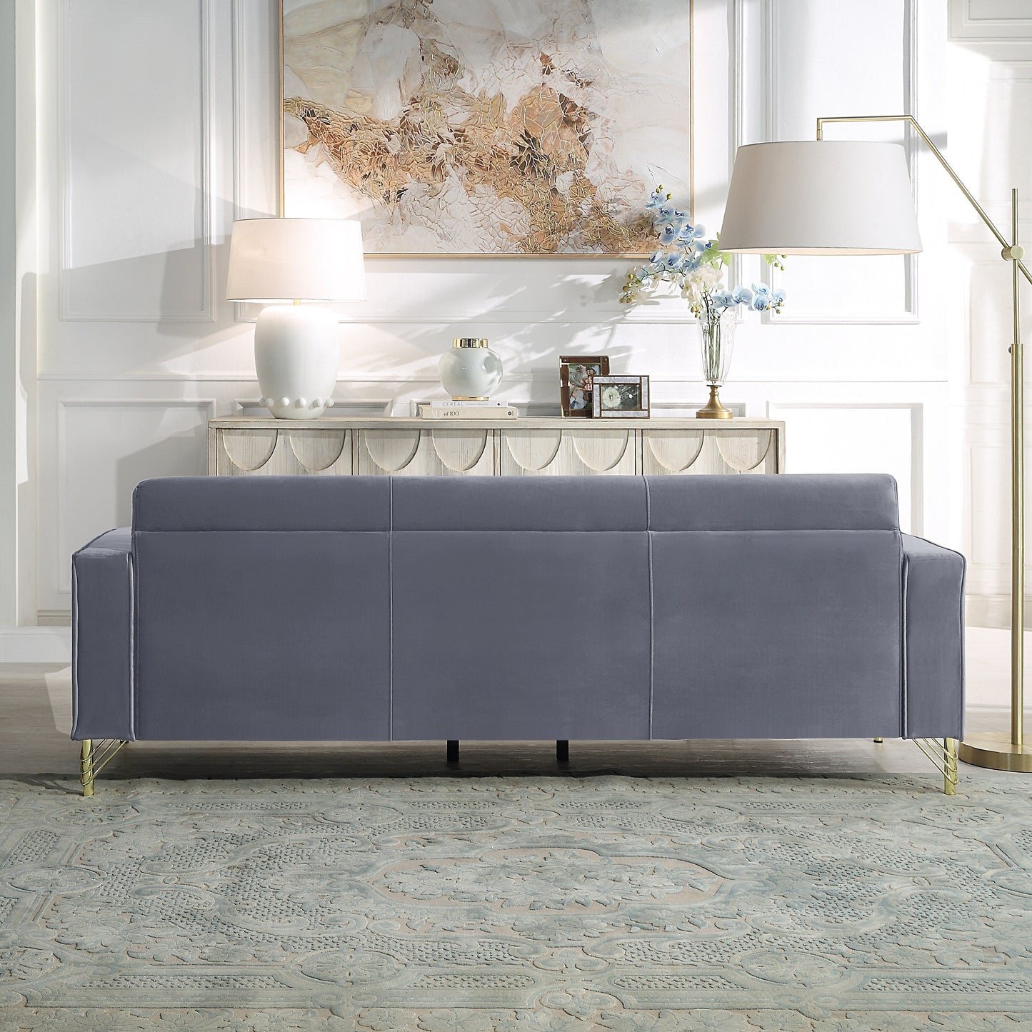 Grey 86.61 Velvet 3-seater Sofa with Pillows and Gold Finish Metal Leg for Living Room