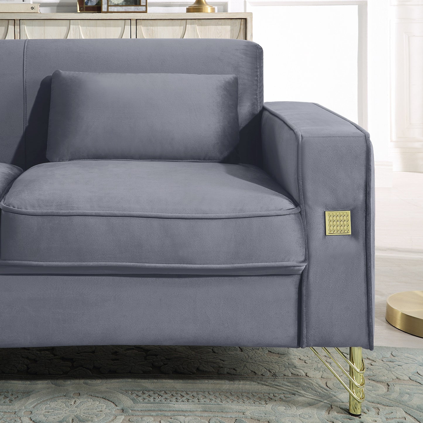 Grey 86.61 Velvet 3-seater Sofa with Pillows and Gold Finish Metal Leg for Living Room