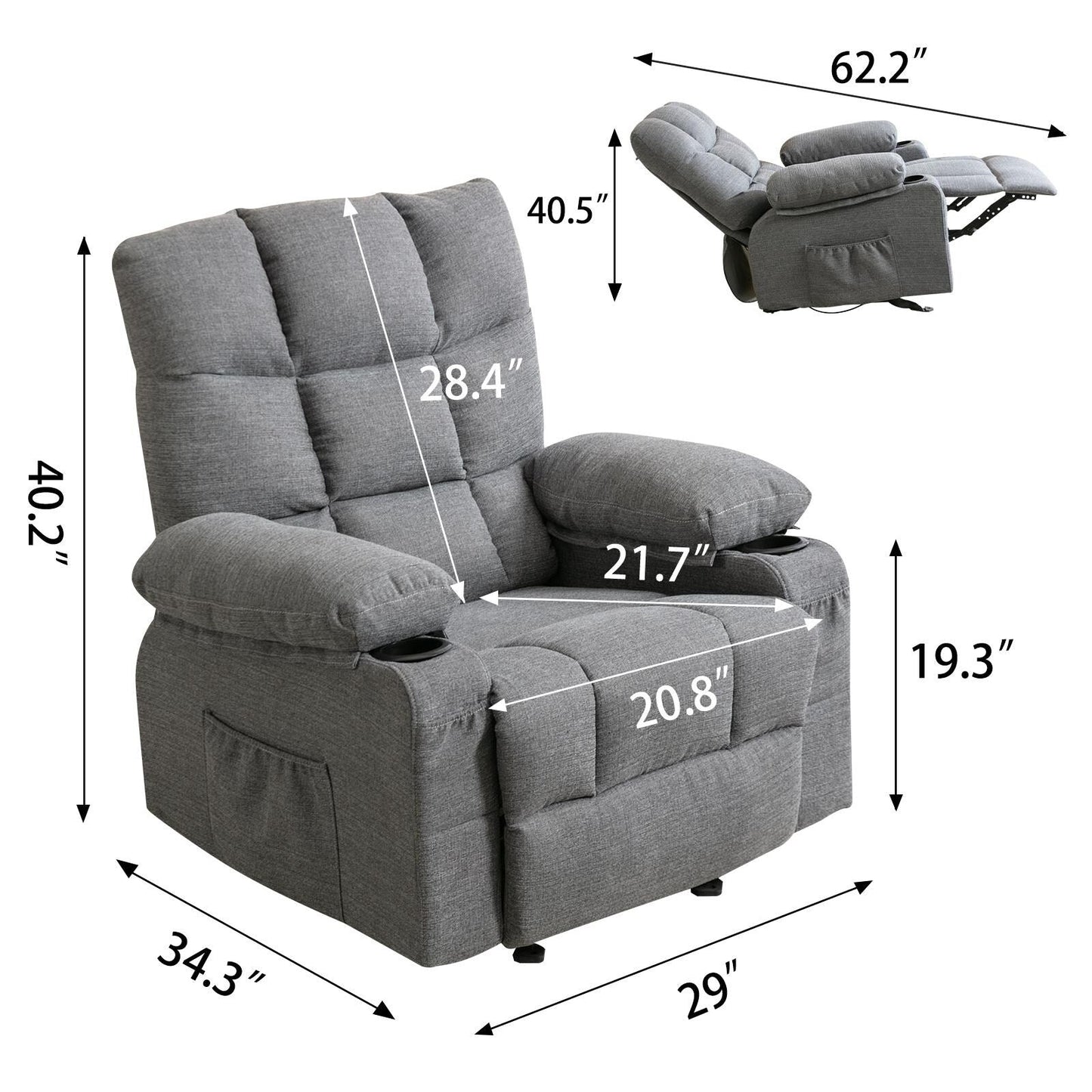 Grey Adjustable Recliner Chair with Massage, Heating, USB Ports, 2 Cup Holders, and Side Pockets