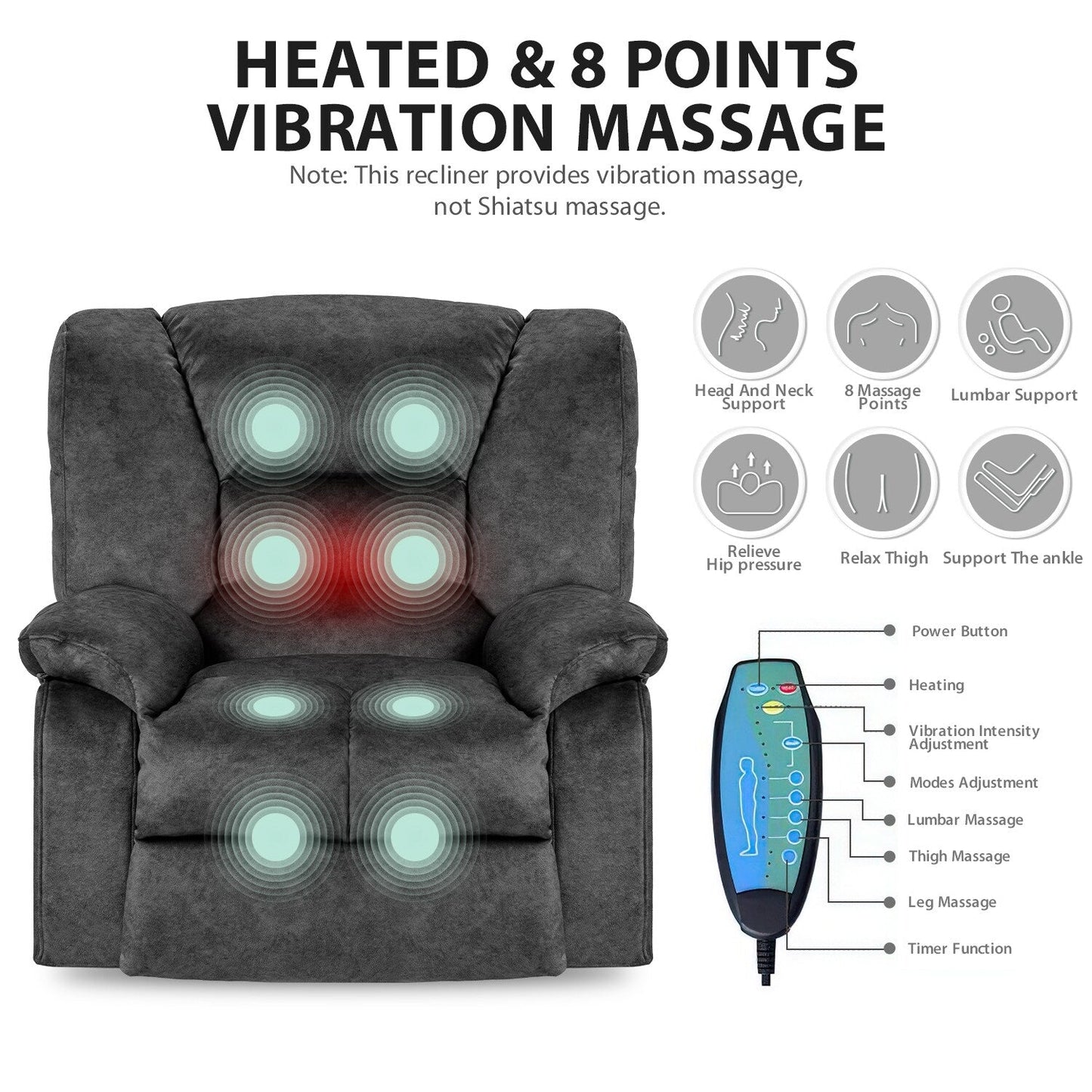 Grey Spacious Recliner Sofa with 8-Point Massage, Lumbar Heat, Adjustable Recline, and Heavy-Duty Frame