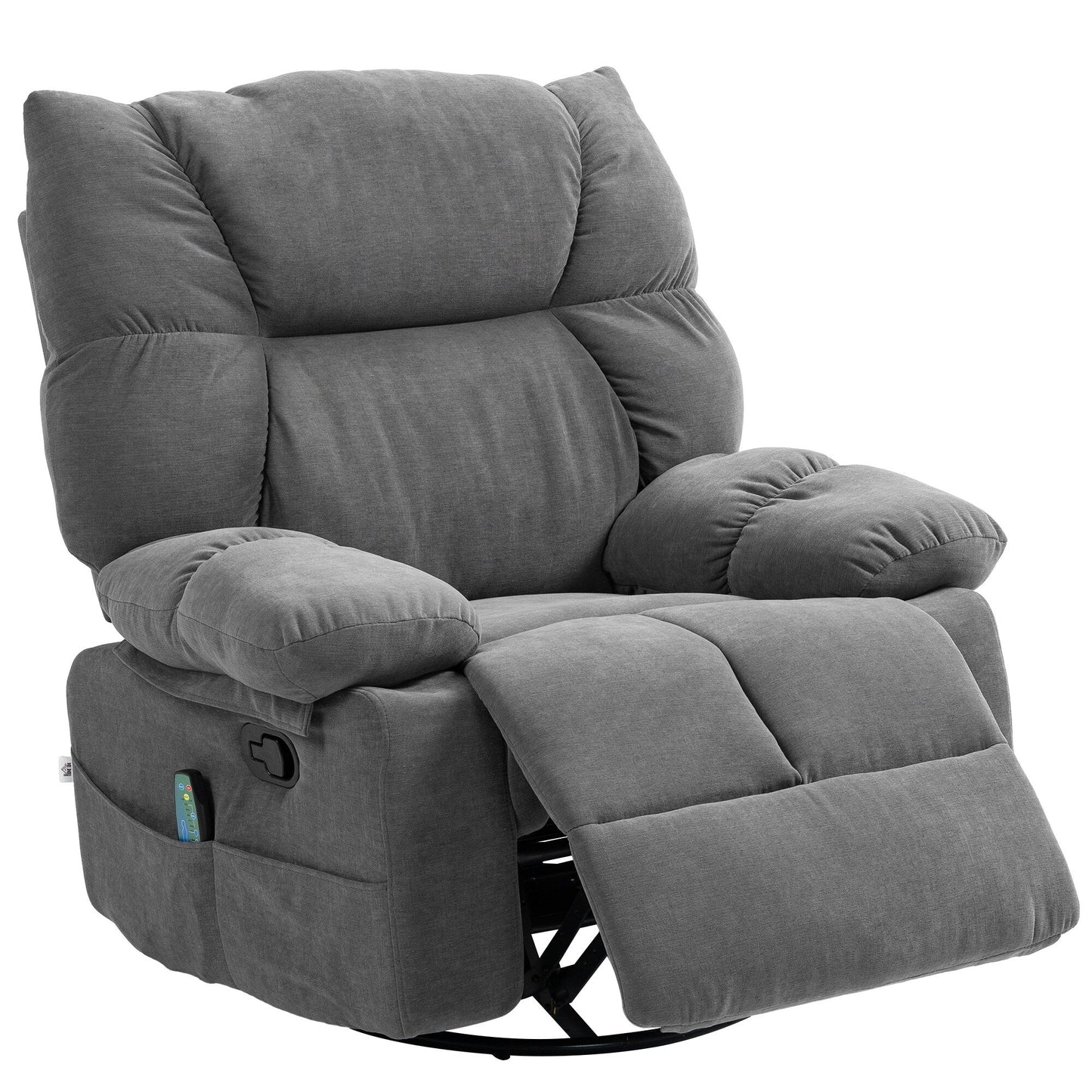 Grey Swivel Manual Recliner Chair with Vibration Massage, Heat, , Footrest, Remote, and 4 Side Pockets