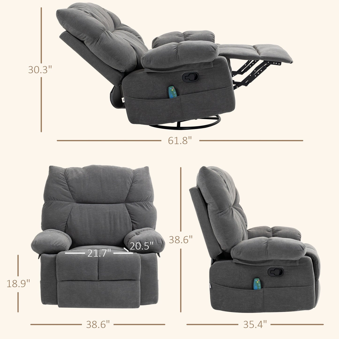 Grey Swivel Manual Recliner Chair with Vibration Massage, Heat, , Footrest, Remote, and 4 Side Pockets