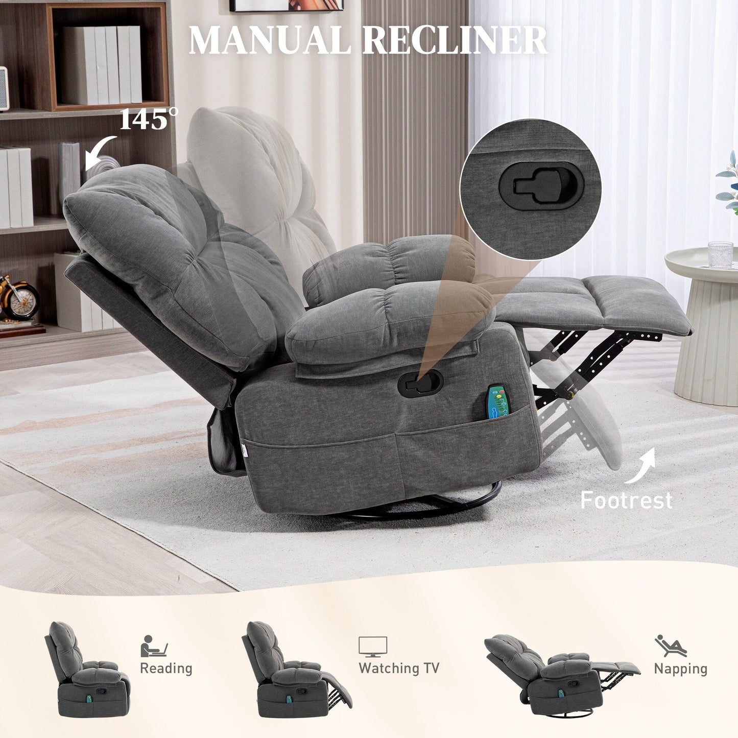 Grey Swivel Manual Recliner Chair with Vibration Massage, Heat, , Footrest, Remote, and 4 Side Pockets
