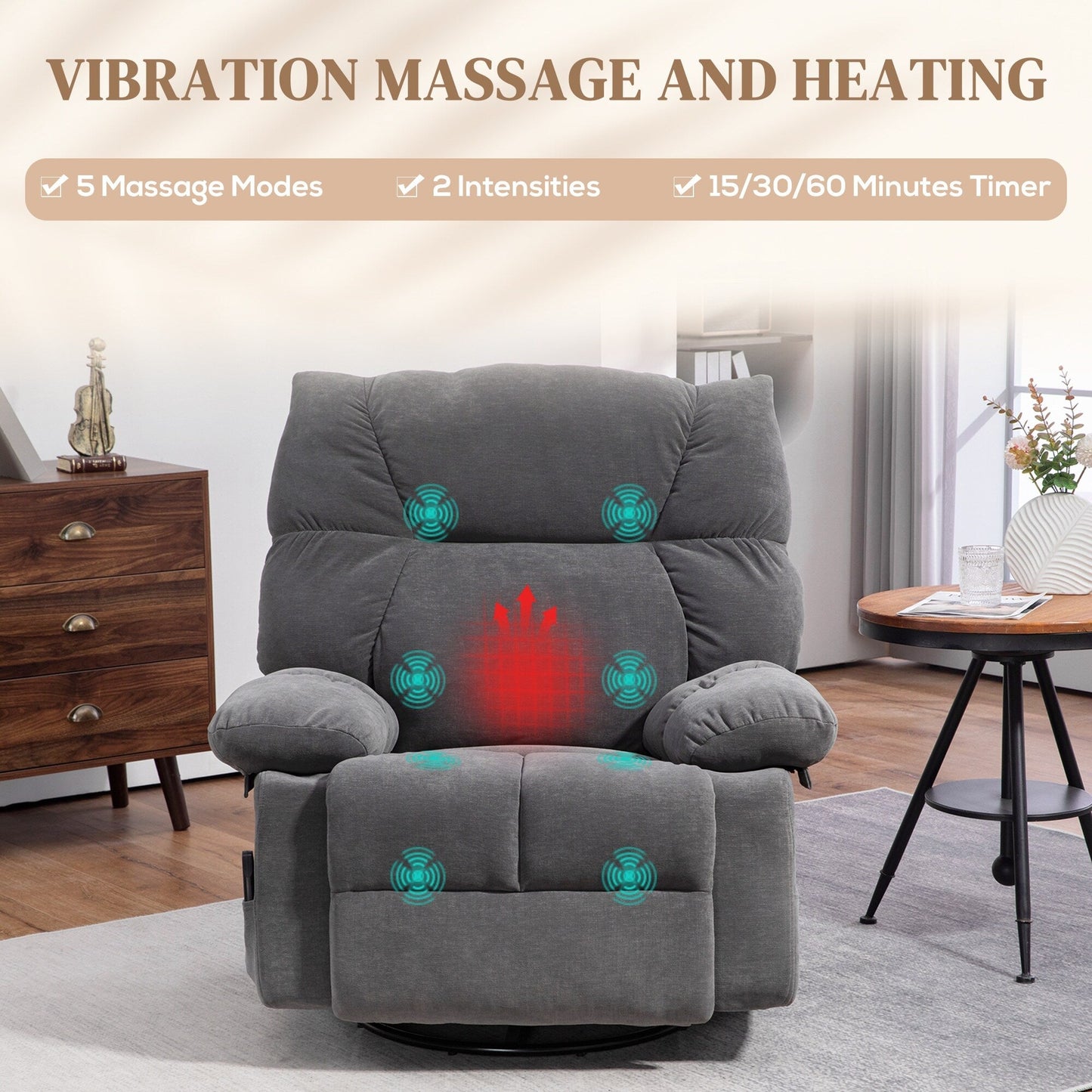 Grey Swivel Manual Recliner Chair with Vibration Massage, Heat, , Footrest, Remote, and 4 Side Pockets