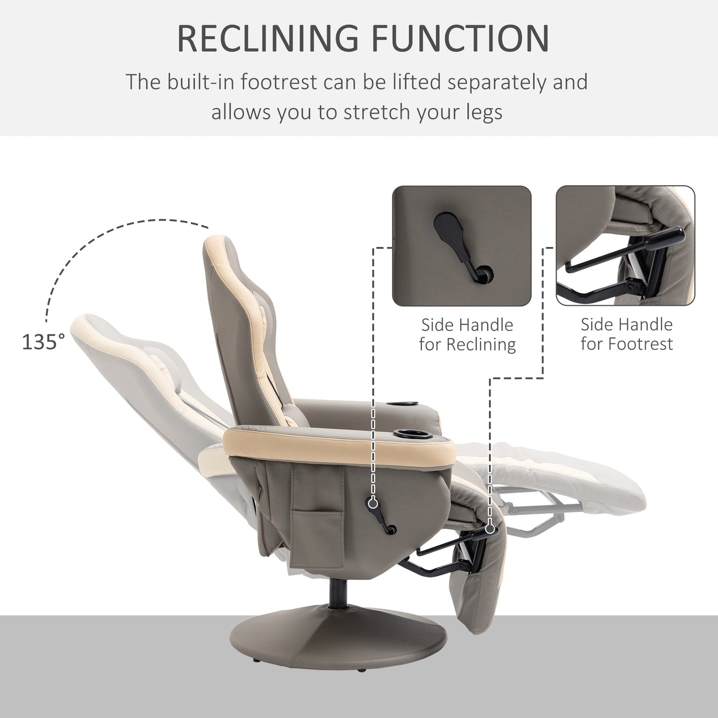 HOMCOM Manual Recliner Armchair PU Leather Lounge Chair w/ Adjustable Leg Rest, 135° Reclining Function, 360° Swivel, Cup Holder
