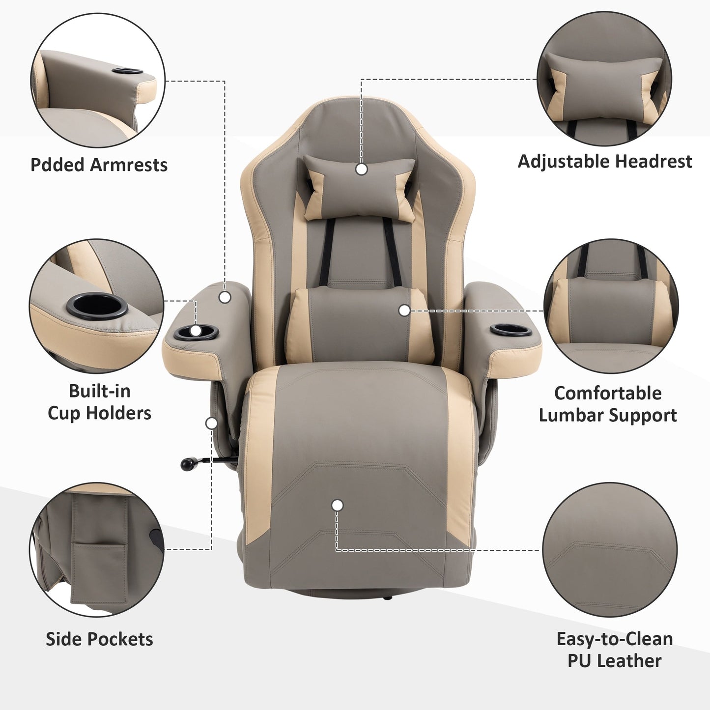 HOMCOM Manual Recliner Armchair PU Leather Lounge Chair w/ Adjustable Leg Rest, 135° Reclining Function, 360° Swivel, Cup Holder