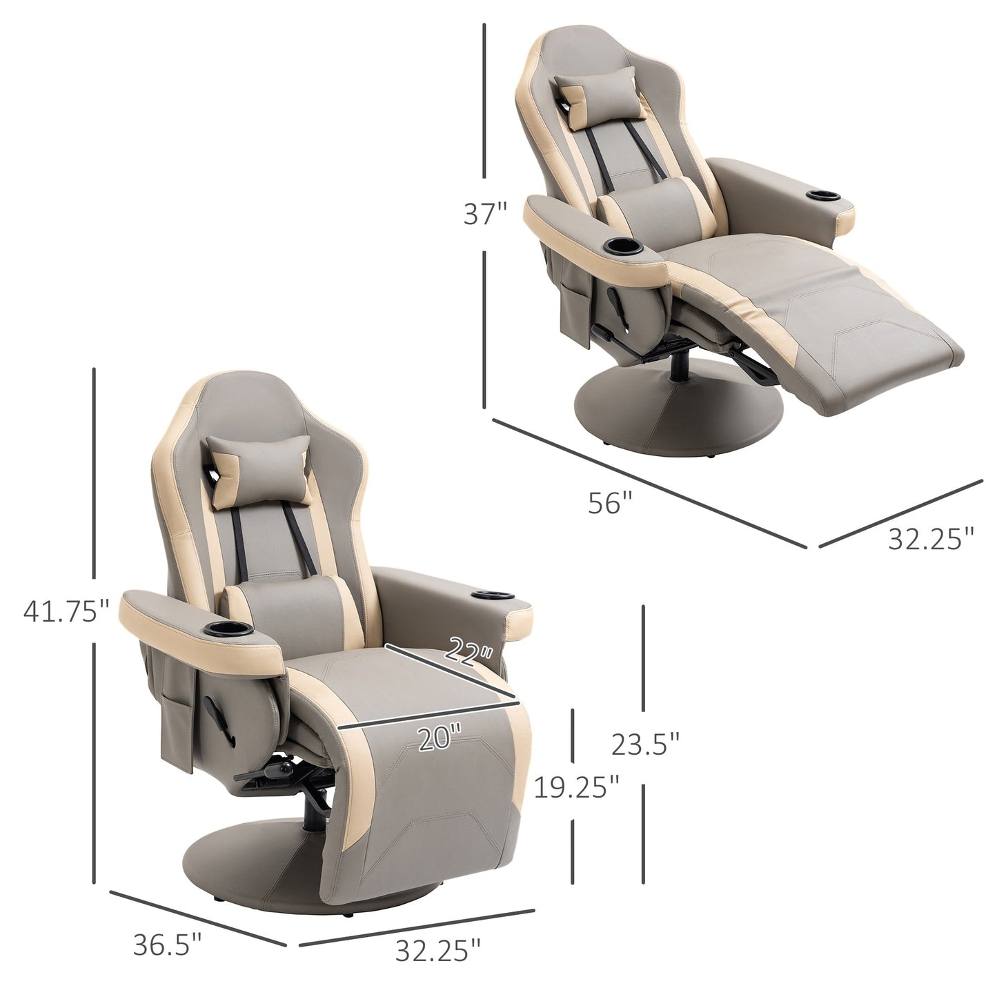 HOMCOM Manual Recliner Armchair PU Leather Lounge Chair w/ Adjustable Leg Rest, 135° Reclining Function, 360° Swivel, Cup Holder