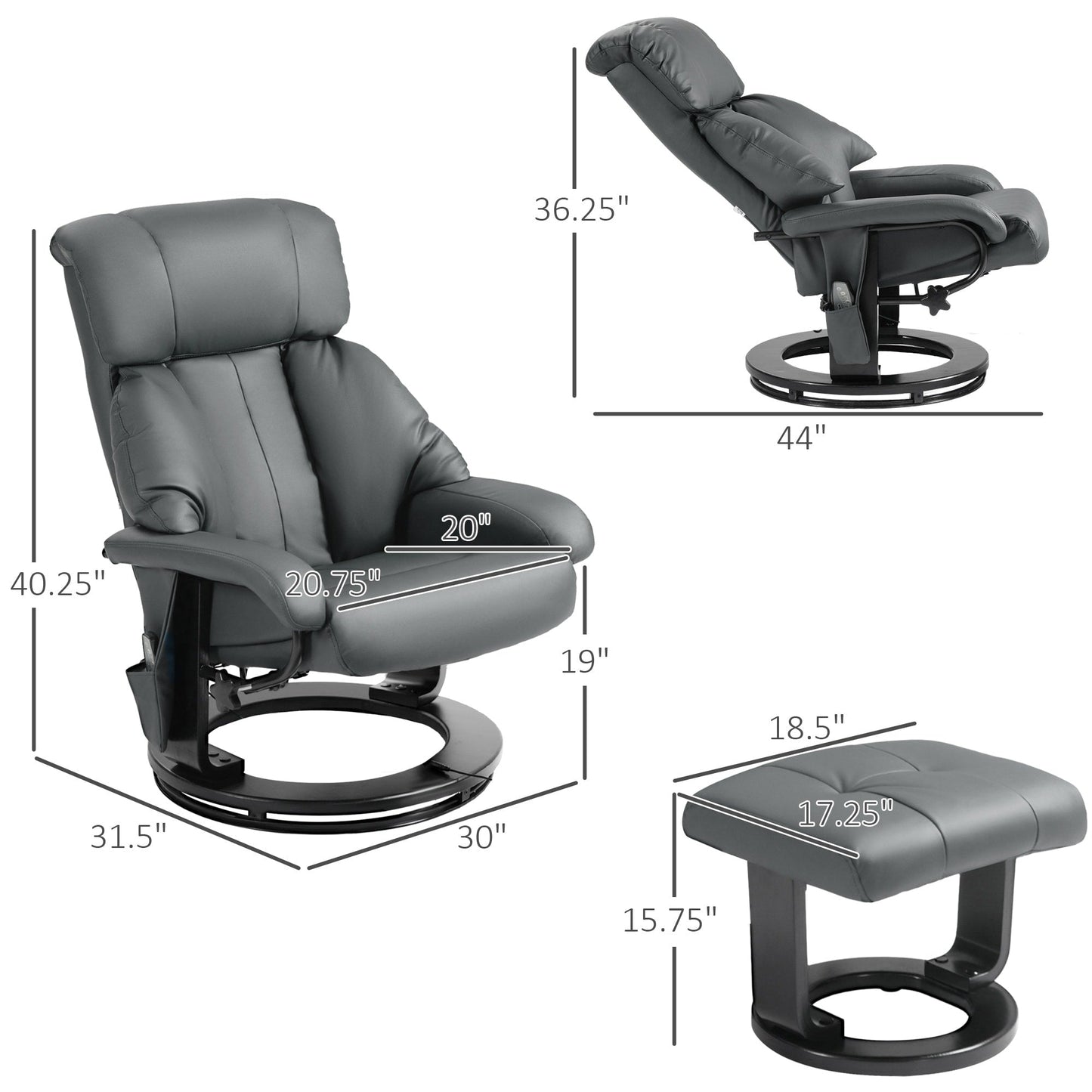 HOMCOM Massage Recliner Chair with Ottoman, 360° Swivel Recliner and Footstool, PU Leather Reclining Chair, Gray