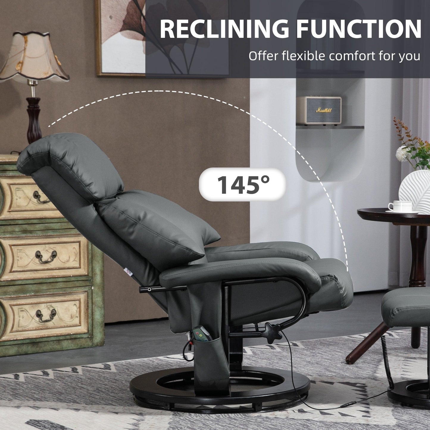 HOMCOM Massage Recliner Chair with Ottoman, 360° Swivel Recliner and Footstool, PU Leather Reclining Chair, Gray