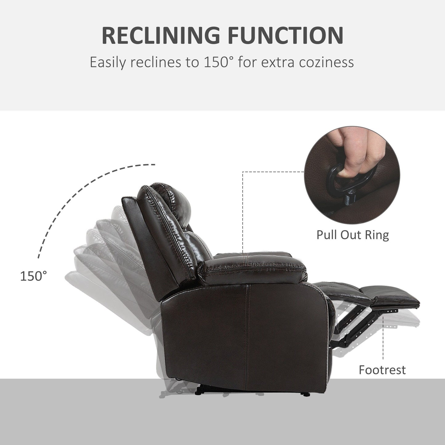 HOMCOM PU Leather Recliner Sofa Upholstered Manual Reclining Armchair with Footrest for Living Room