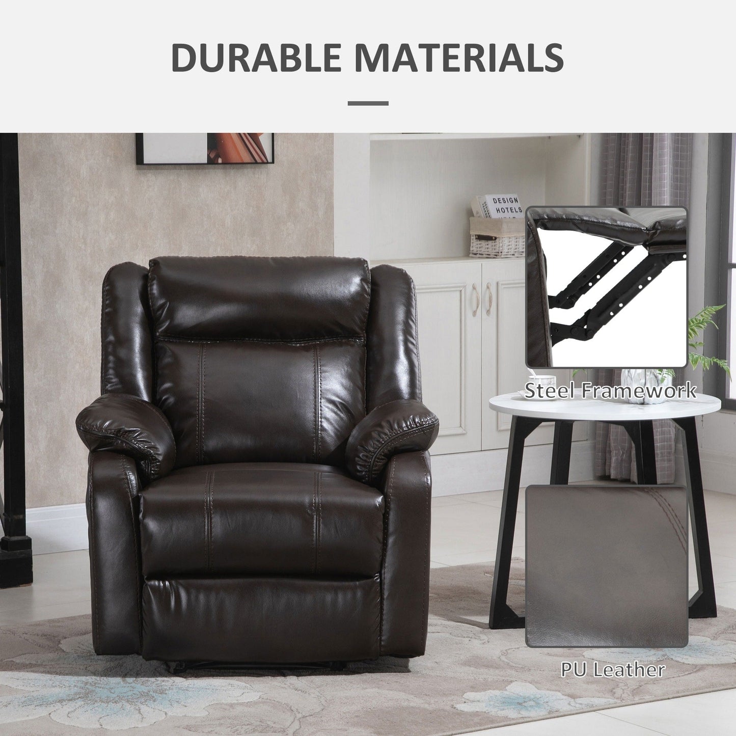 HOMCOM PU Leather Recliner Sofa Upholstered Manual Reclining Armchair with Footrest for Living Room
